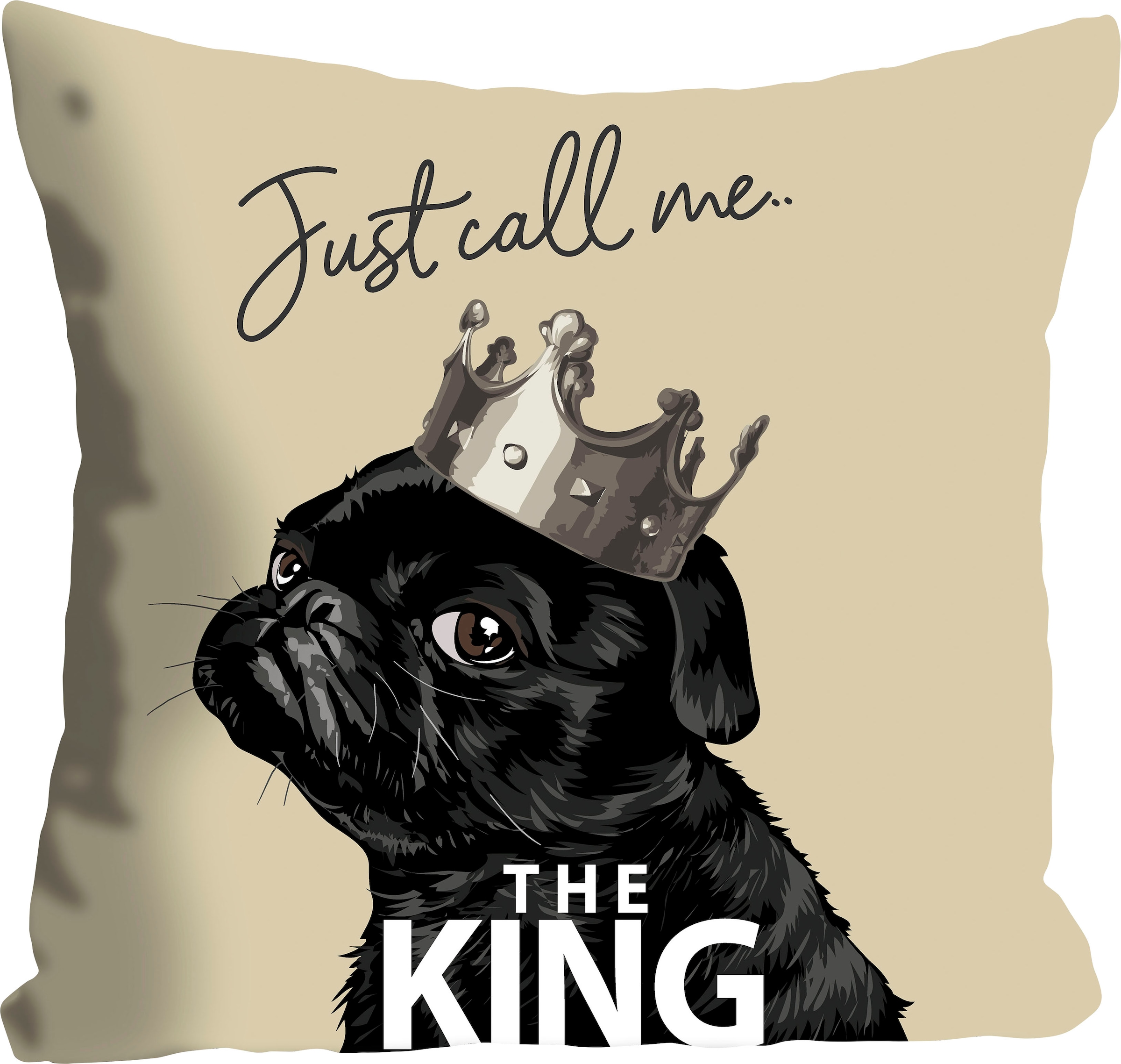 queence Dekokissen »JUST CALL ME THE KING« mit einem Mops mit Krone