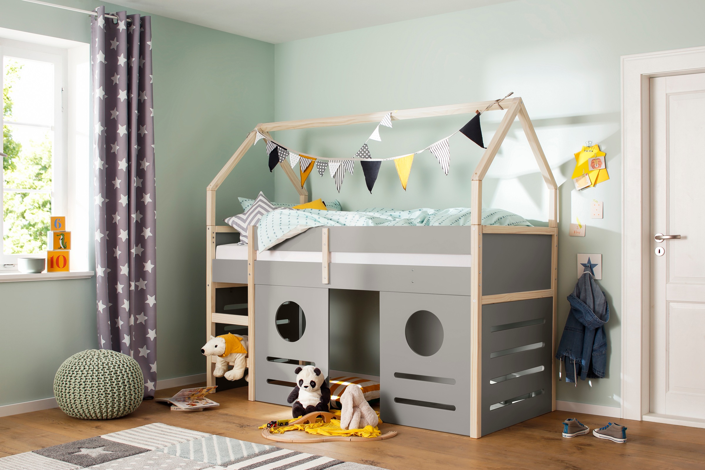 Image of Lüttenhütt Hochbett »Janne«, aus schönem massivem Kiefernholz, Einzelbett, in einer Haus-Optik Form, inklusive praktischer massiver Holzleiter und Paneele, in verschiedenen Farbvarianten erhältlich, Liegefläche 90x200 cm bei Ackermann Versand Schweiz