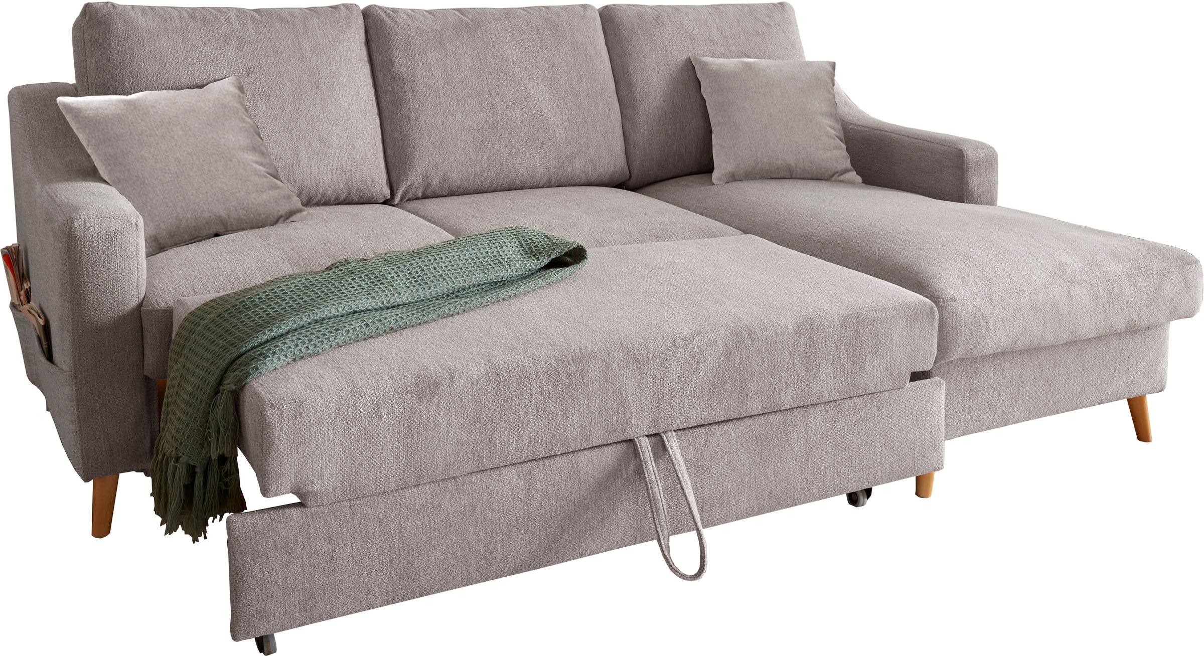 Home affaire Canapé d'angle »Valentina L-Form« 2 Zierkissen, mit Seitentasche, ausziehbarer Liegefläche, Bettkasten