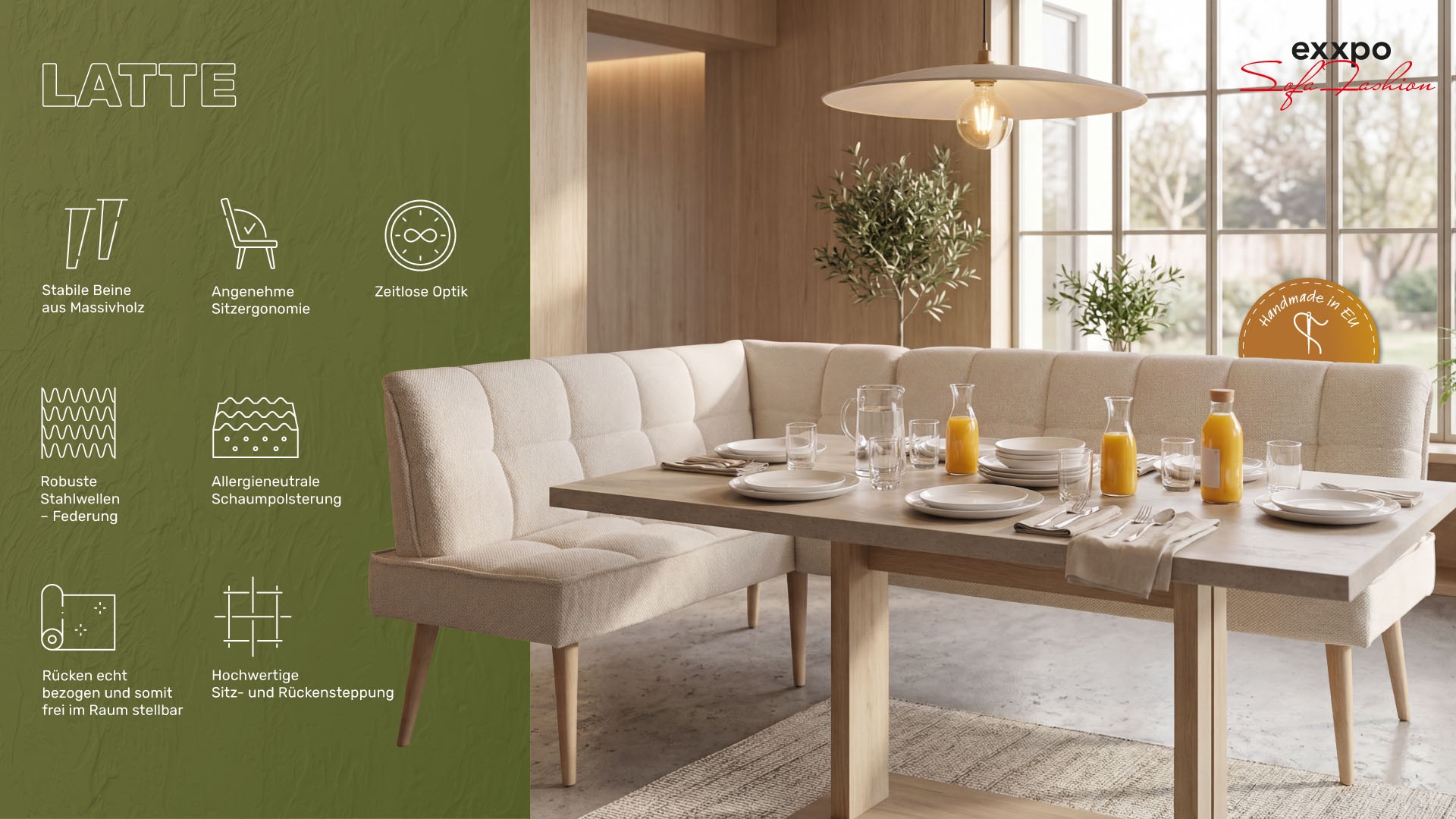 exxpo - sofa fashion Banc d'angle »Latte« moderne Sitz- und Rückensteppung, bequem und elegant, hoher Holzfuss