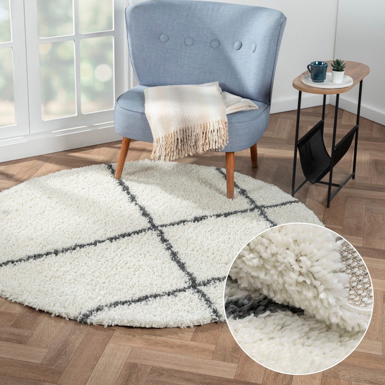 Image of Myflair Möbel & Accessoires Hochflor-Teppich "My Shaggy Raute" rund 37 mm Höhe Shaggy, Scandi Rauten Design, leicht glänzend, extra flauschig