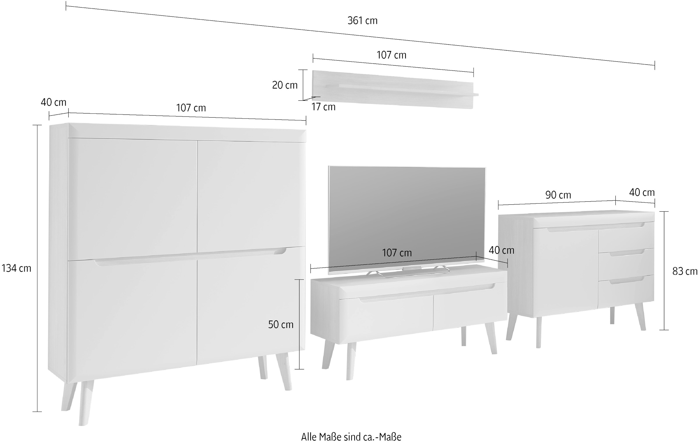 INOSIGN Wohnwand »Torge, Anbauwand, Schrankwand, Mediawand, Wohnzimmer-Set«, (4 St.), enthält Lowboard, Sideboard, Highboard + Wandboard, 361 cm breit