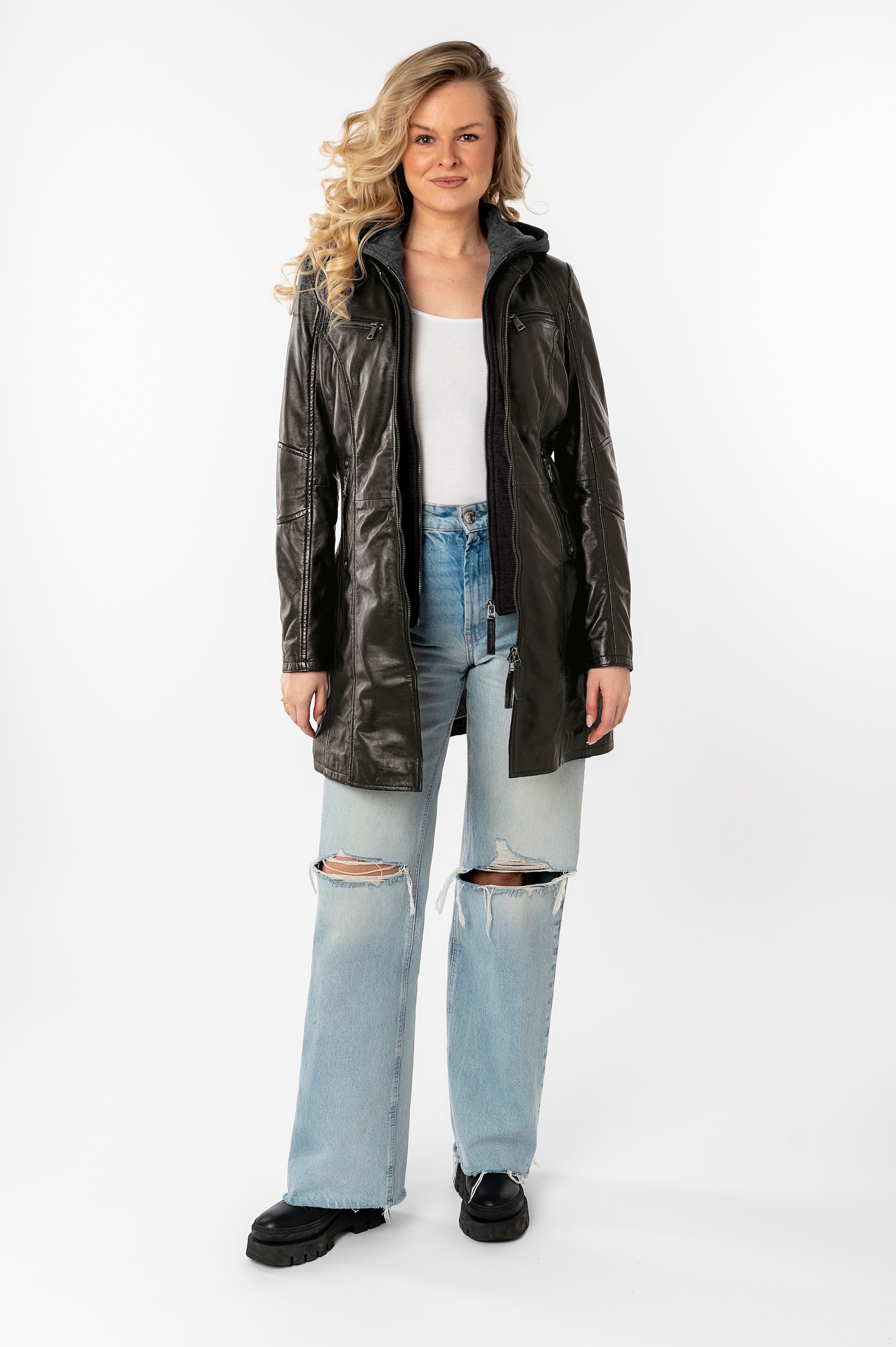 Mauritius Manteau en cuir »Bente« Veste en cuir 2-en-1 avec insert à capuche amovible en jersey
