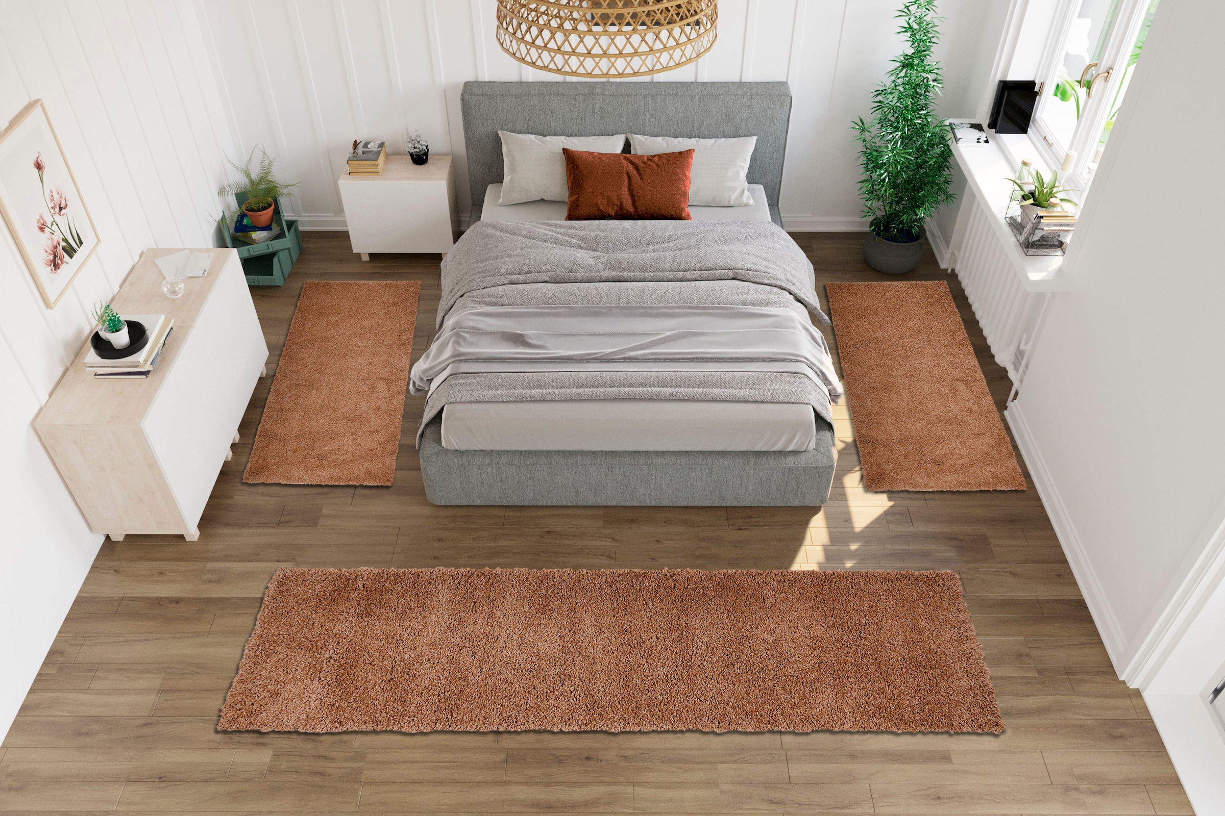 Bruno Banani Bettumrandung »Shaggy Soft«, (3 tlg.), gewebt, Uni-Farben, besonders weich, Bettvorleger, Läufer-Set