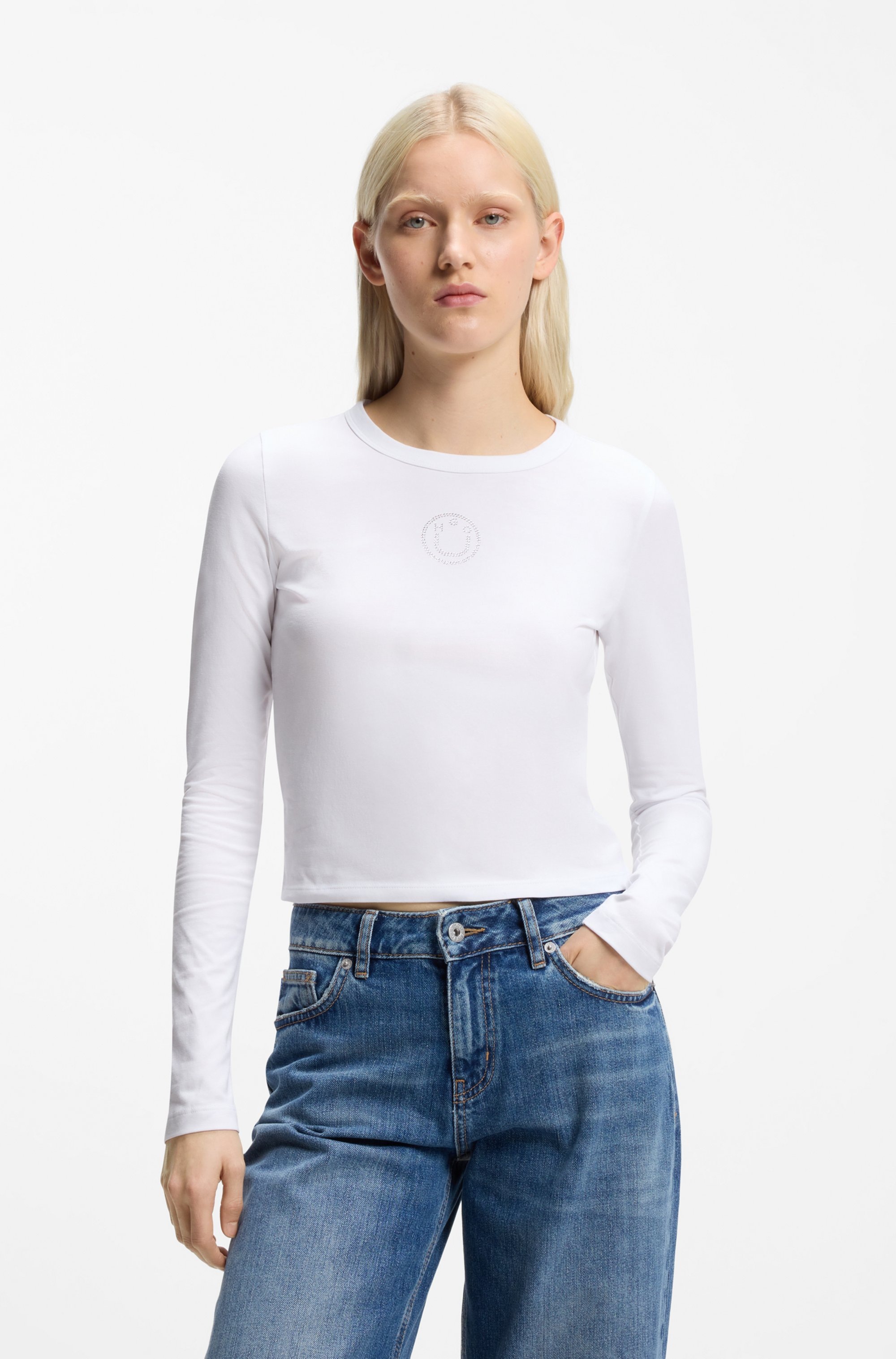 Image of HUGO Langarmshirt "Daliriee" cropped, Rundhals, mit Strassbesatz