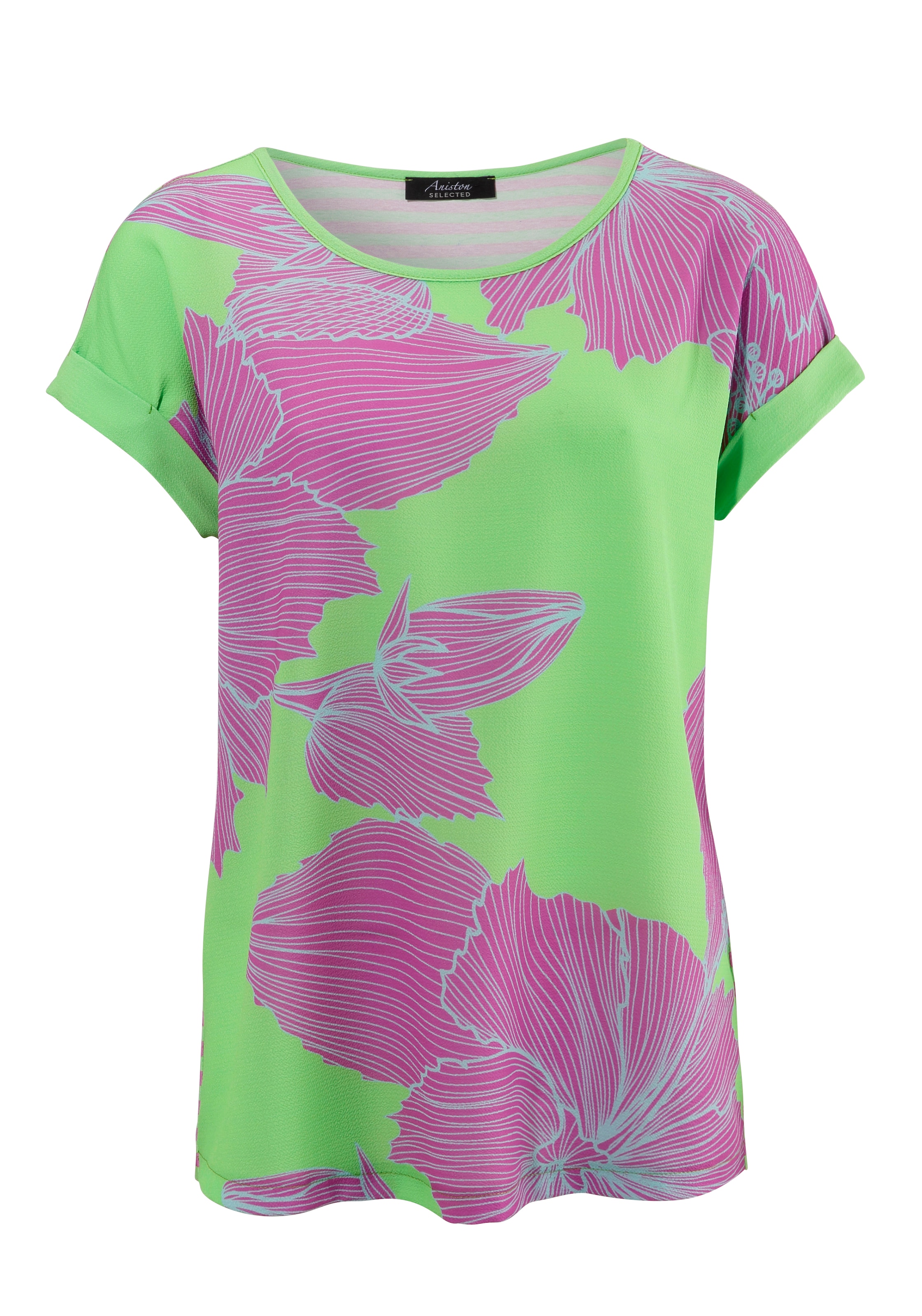 Aniston SELECTED Blusenshirt, vorne mit Blütendruck, hinten mit Streifen