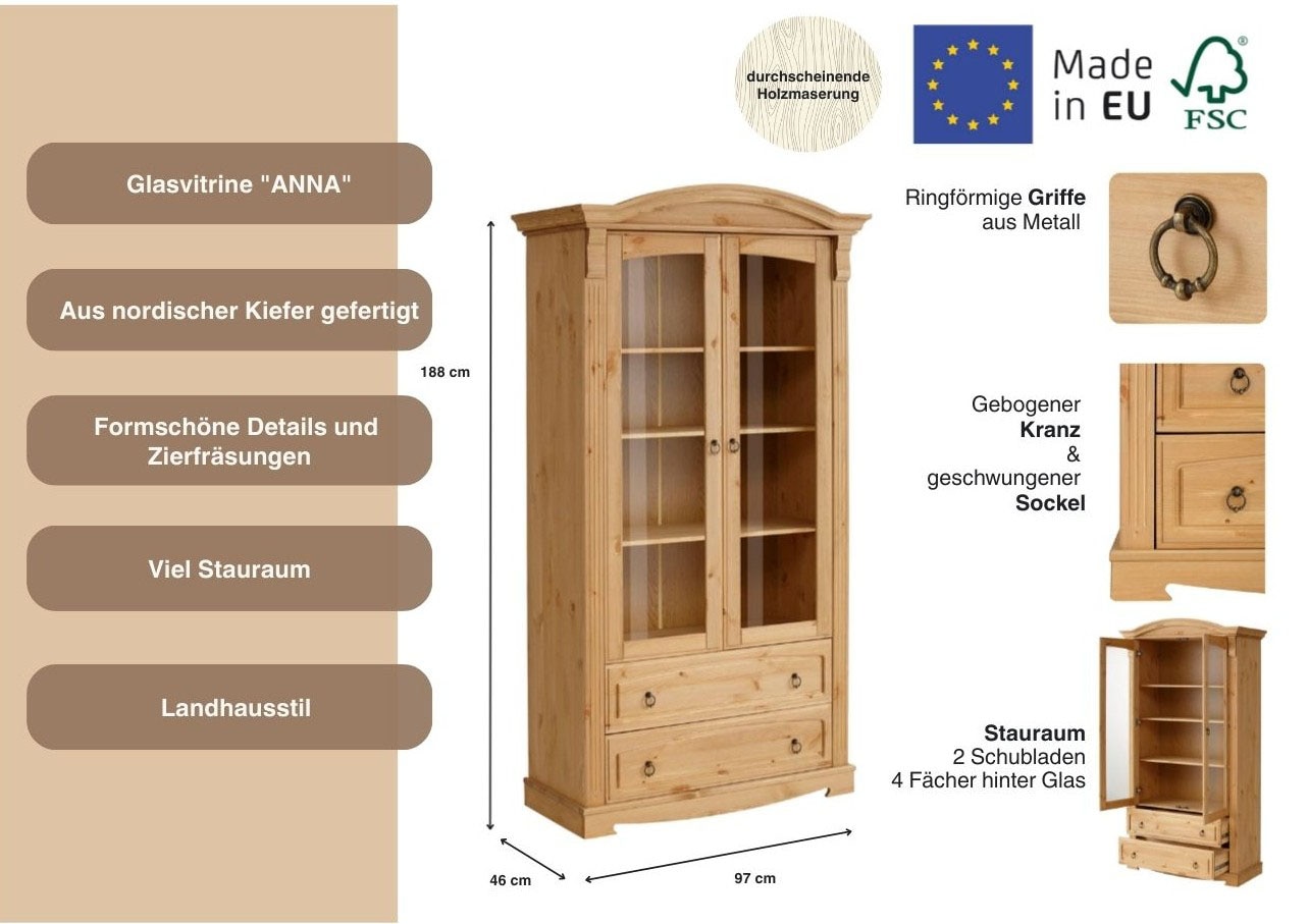 Home affaire Glasvitrine »Anna«, (Gesamtmasse (B/T/H): ca. 97/46/188 cm), mit Glastüren, 2 Schubladen, Höhe 188 cm, aus massiver Kiefer, FSC®