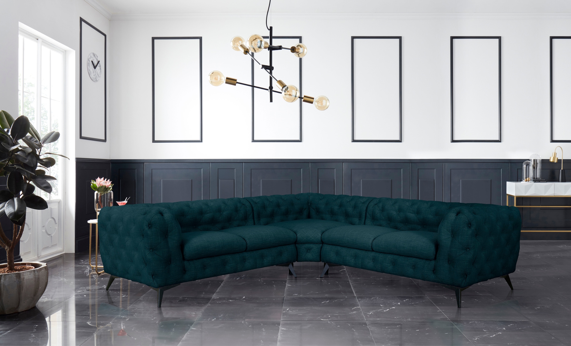 Leonique Chesterfield-Sofa »Ecksofa GLYNIS L-Form mit Wellenunterfederung, Masse B/T/H 264/264/75cm«, aufwändige Knopfheftung, moderne Chesterfield Optik, Fussfarbe wählbar