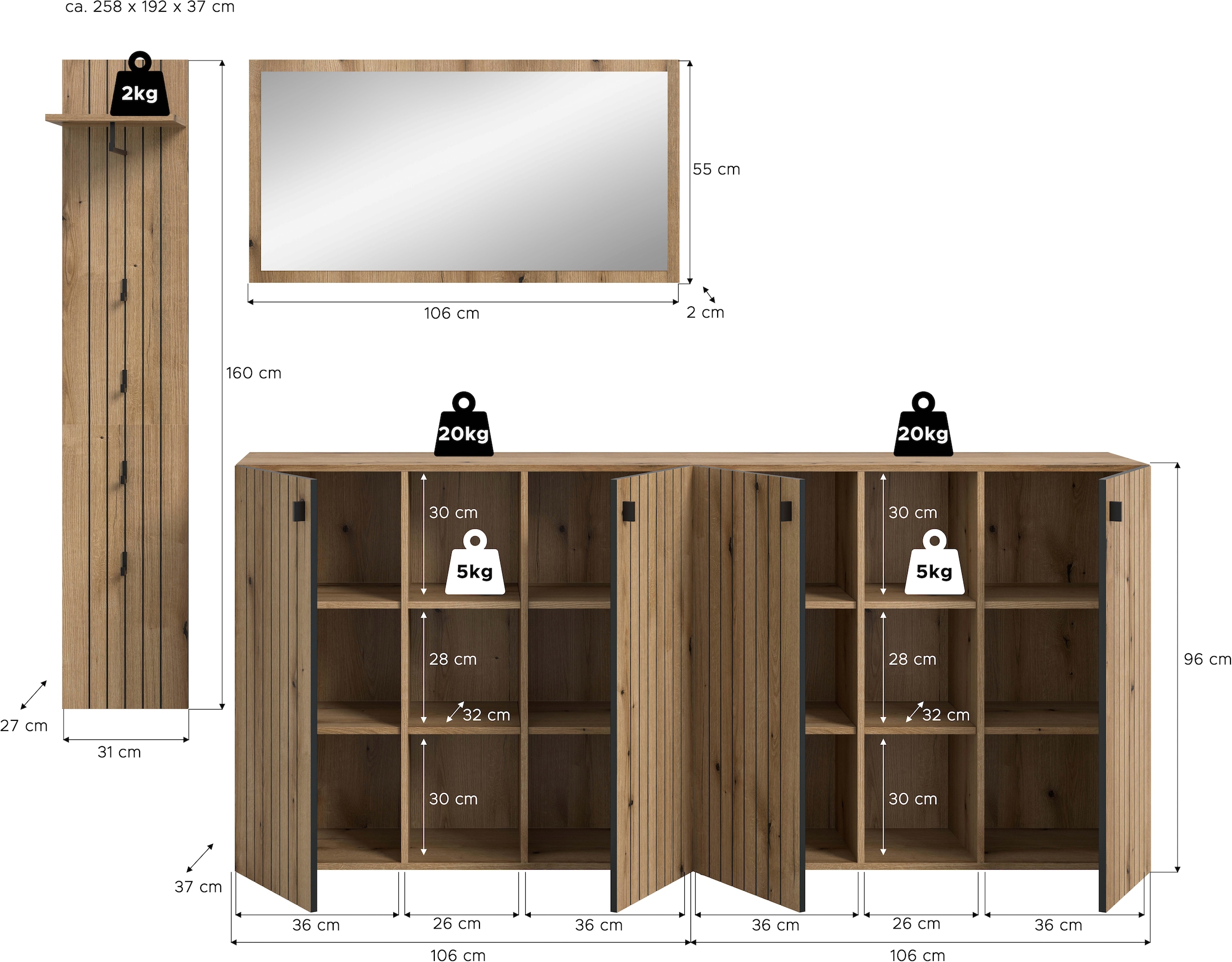 Home affaire Garderoben-Set »TATIO, 4-tlg. Garderobenkombination, Breite: 258 cm, Rillenfräsung« Set, Set, best. aus: 1 Spiegel, 1 Garderobenpaneel, 2 Schuhkommoden, 4 Stk. tlg.