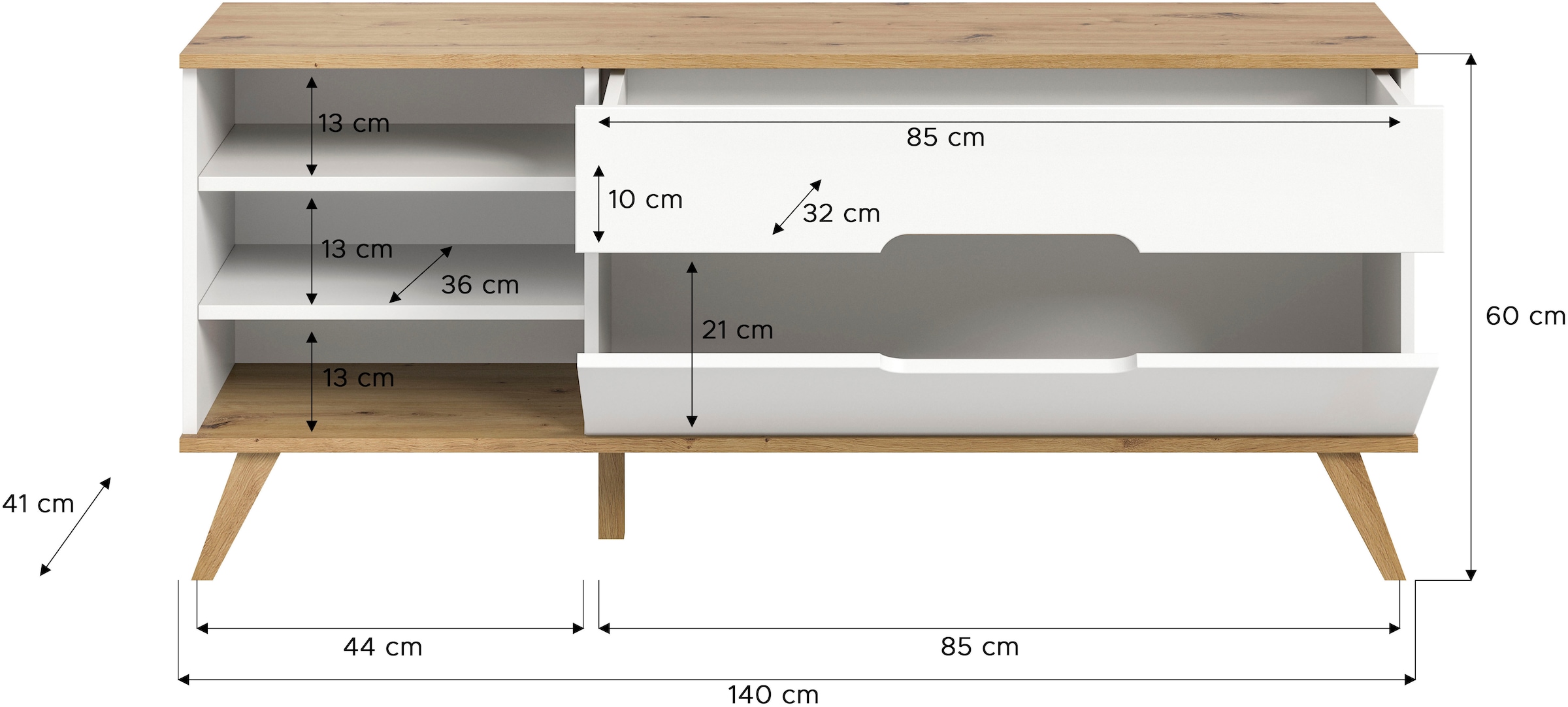 Home affaire Lowboard »Alesund, Breite 140 cm, 1 Klappe, 1 Schubkasten, konischer Fuss«, Scandi-Look, TV-Möbel, TV-Schrank, TV-Lowboard, Mediaboard, Wohnmöbel