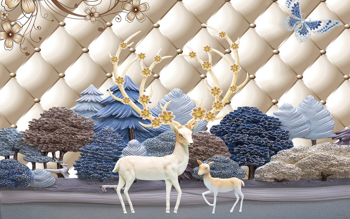 Image of Papermoon Fototapete »Muster mit Hirschen goldfarben blau weiss«, Vliestapete, hochwertiger Digitaldruck, inklusive Kleister bei Ackermann Versand Schweiz