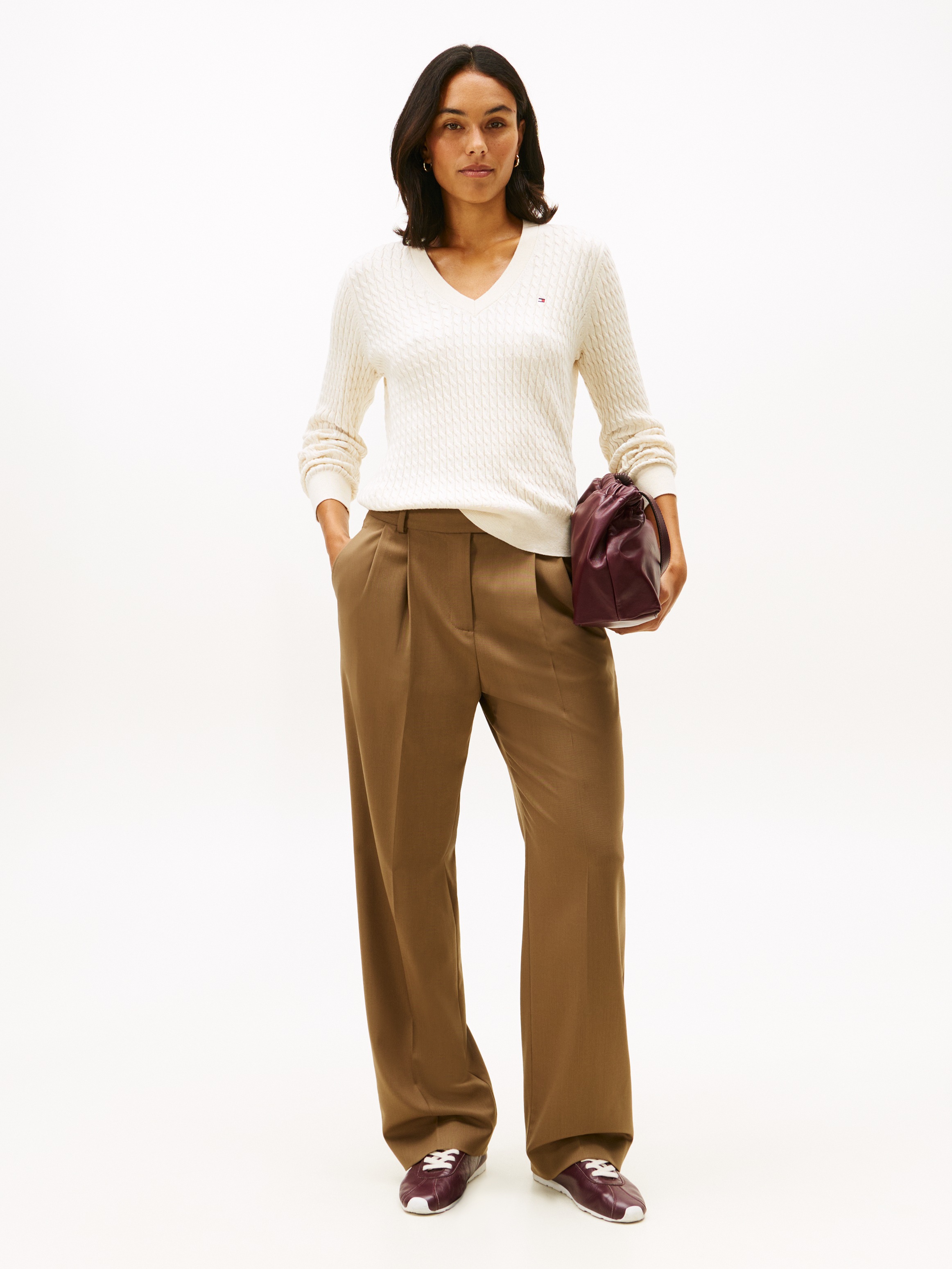 Tommy Hilfiger Pull col V »CO CABLE V-NK LS SWT« mit Zopfmuster, Logostickerei