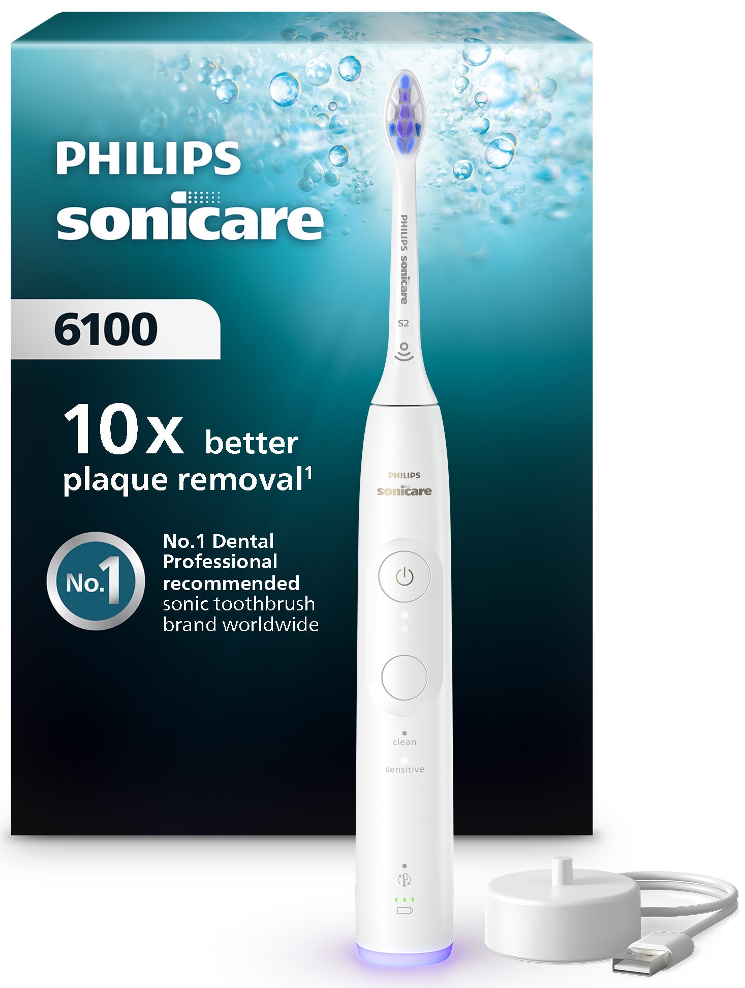 Image of Philips Sonicare Elektrische Zahnbürste "Series 6100 HX7400/01" 1 Stk. Aufsteckbürsten mit visueller Andruckkontrolle, 5 Putzeinstellungen, inkl. Ladegerät