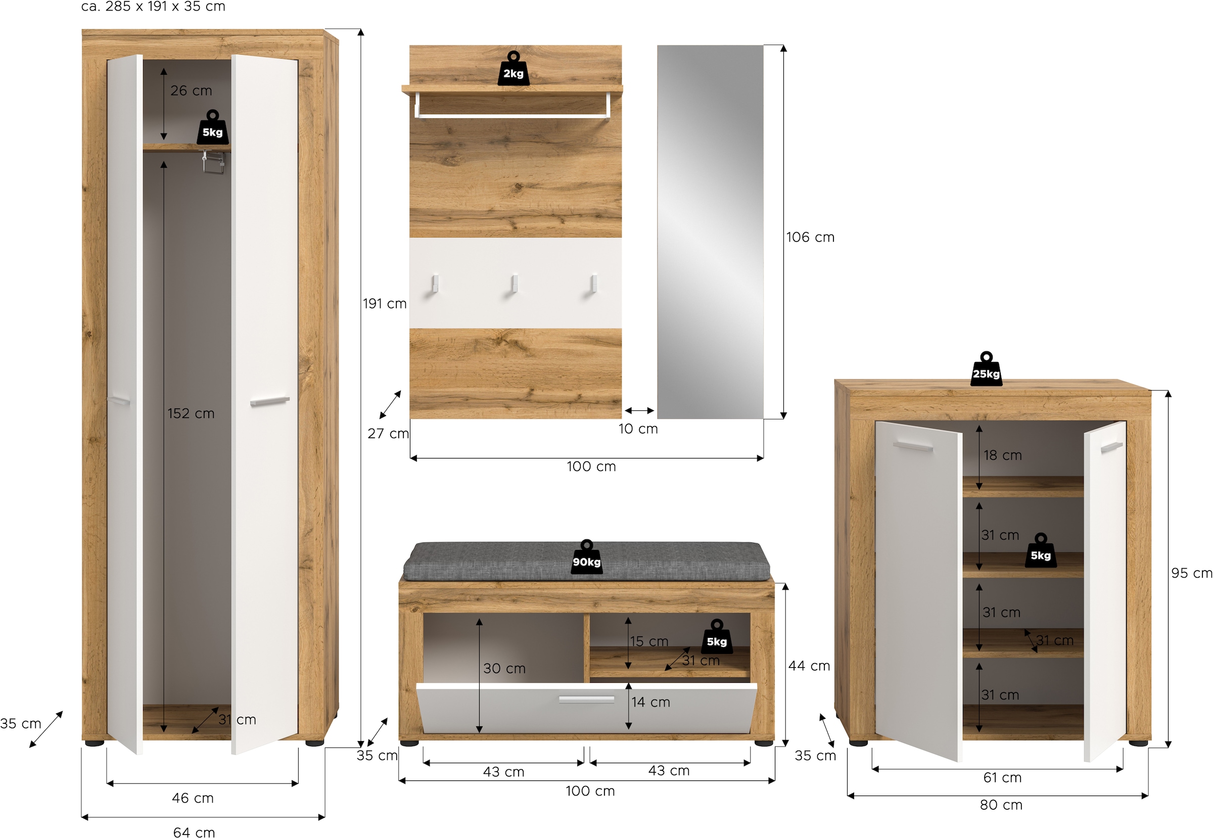 INOSIGN Garderoben-Set »Aosta«, (Set, 6 St.), Aosta, Höhe 191 cm, Garderobenset, Flur, Diele