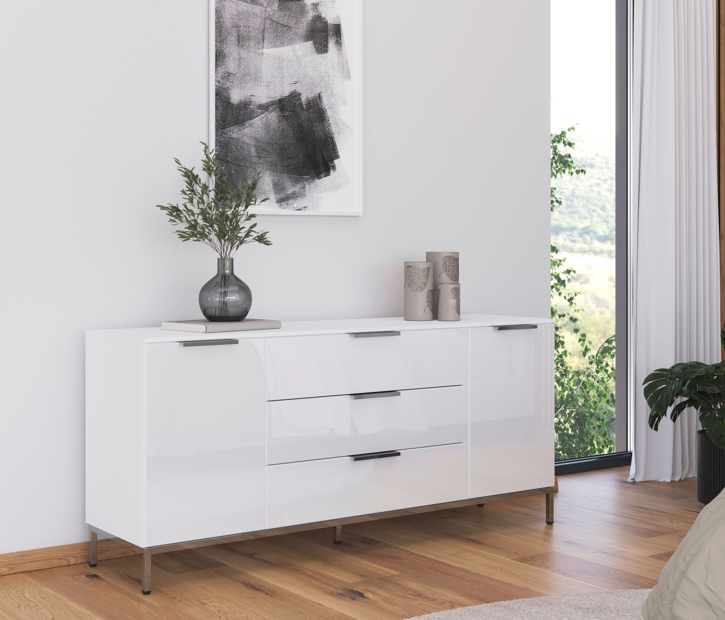 rauch Kombikommode "Kommode Türkommode Sideboard Kombikommode FLIPP mit Glasfront" Breite 160 cm mit 2 Einlegeböden, 2-türig mit 3 Schubladen und Soft-Close-Funktion sowie Glasfront