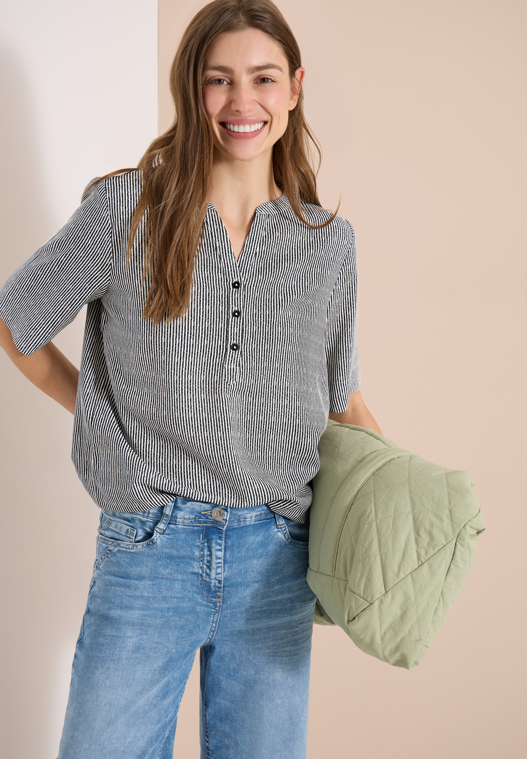 Image of Cecil Kurzarmbluse Sommerbluse mit Split Neck und Streifen
