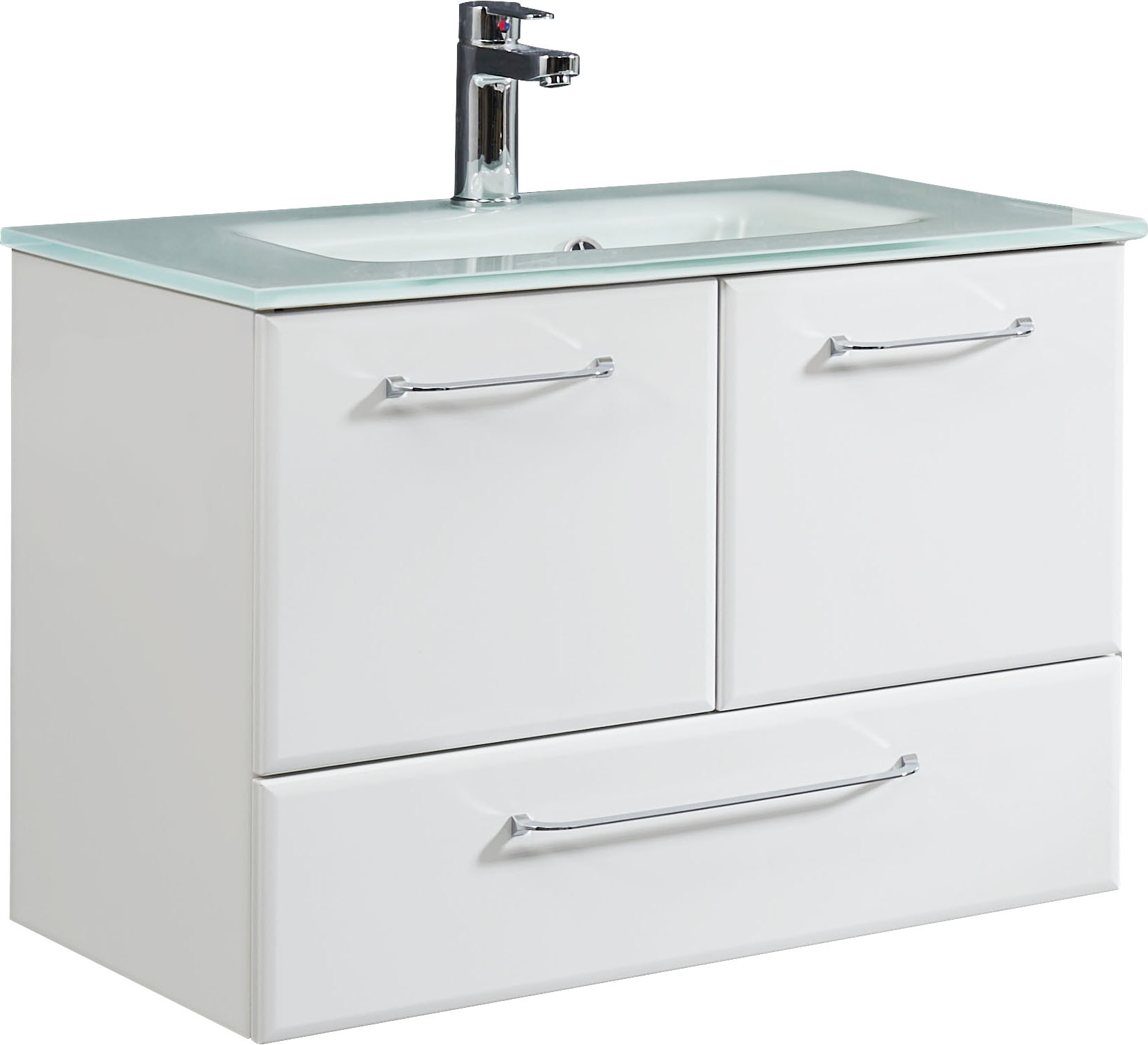 Image of Saphir Waschtisch "Quickset Glaswaschtisch mit Unterschrank, 74 cm breit, Waschplatz" Griffe in Chrom Glanz, inkl. Türdämpfer, 2 Türen, 1 Schublade