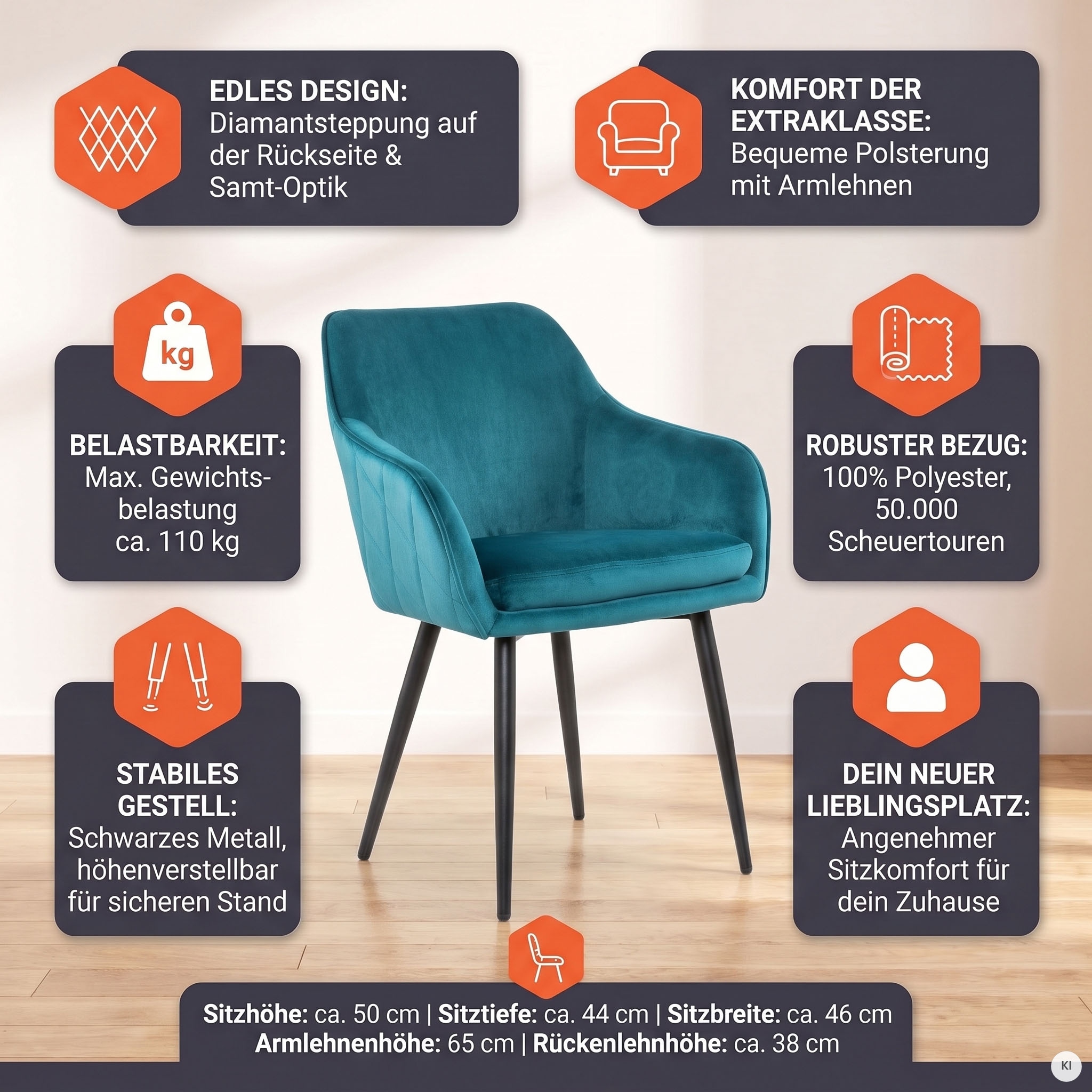 SalesFever Chaise avec accoudoirs »Komfortabler Esszimmerstuhl mit Stil« () avec matelassage diamant au dos
