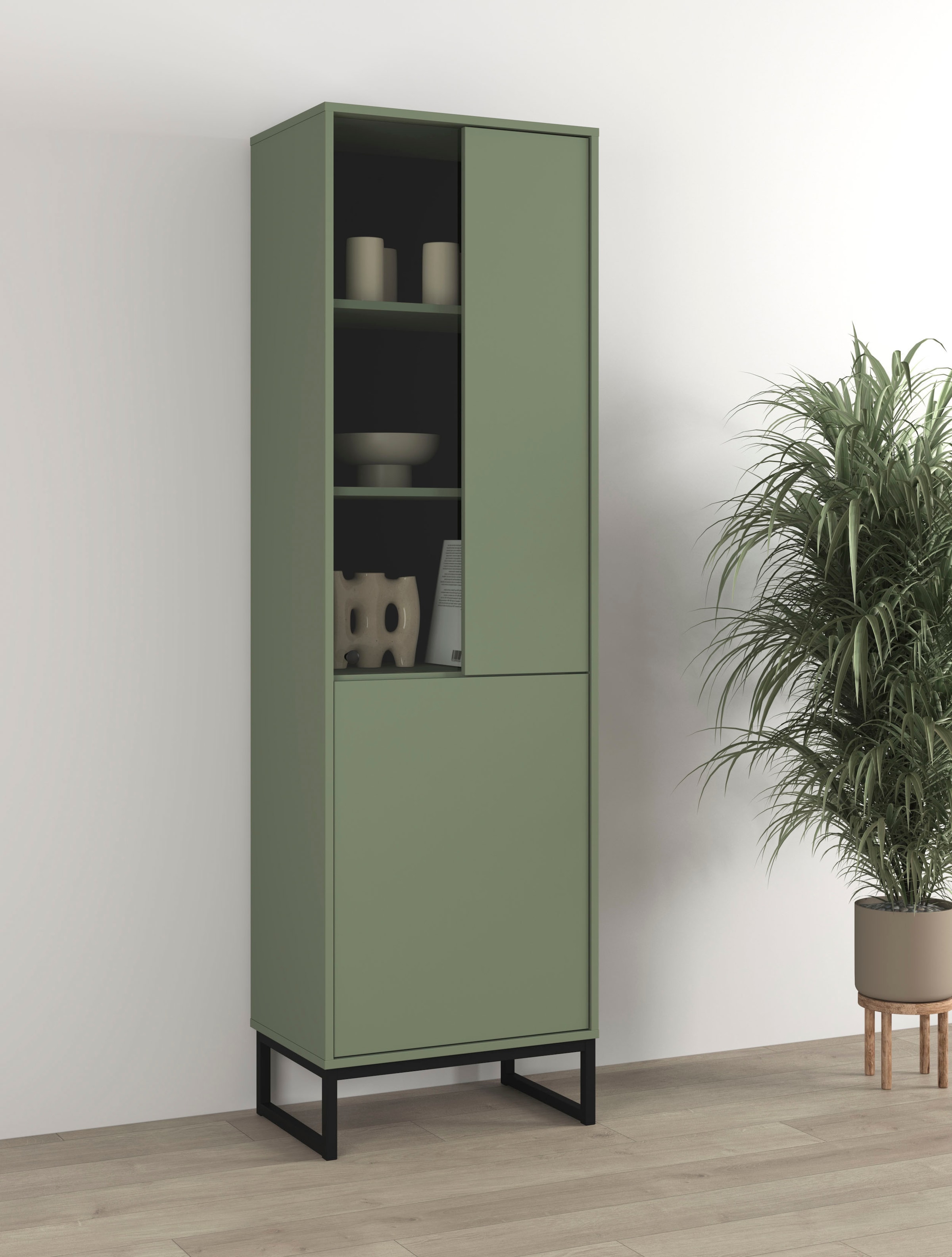 GOODproduct Vitrine »Loft, Höhe 180 cm, moderne Standvitrine mit 2 Türen, Metallkufen« Hochschrank mit viel Stauraum, Glastür und verstellbaren Einlegeböden