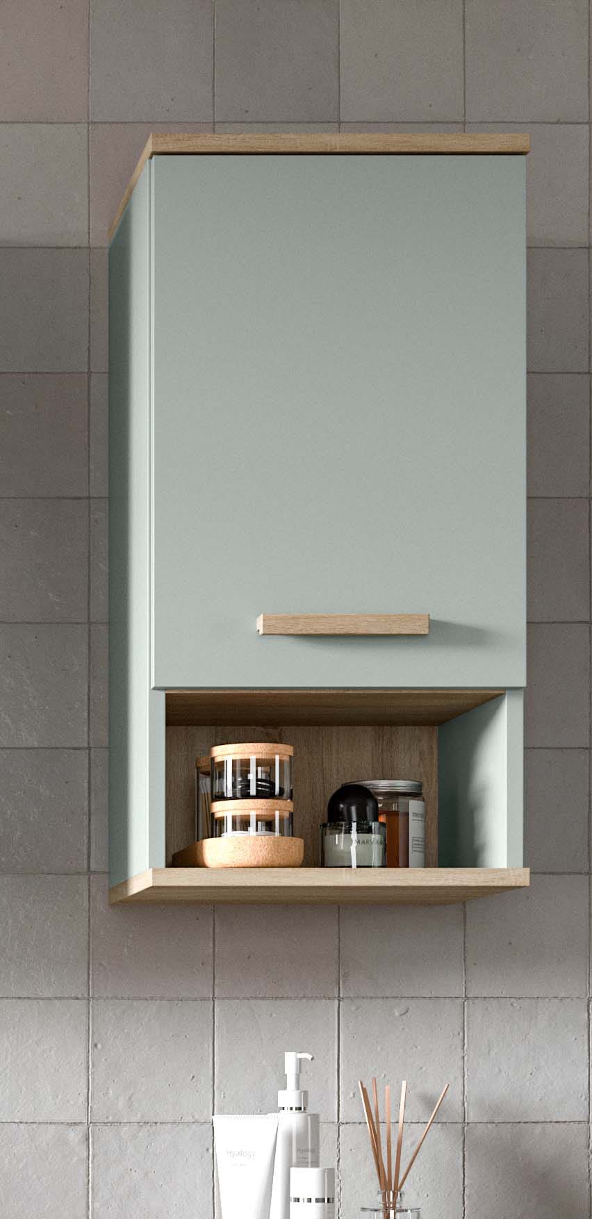 welltime Armoire suspendue »MINTTU, Höhe 68 cm, 1 Tür, 1 Einlegeboden, 1 offenes Fach« Charnière montable à droite ou à gauche,  Meuble de salle de bain, armoire de salle de bain, armoire, salle de bain, armoire murale