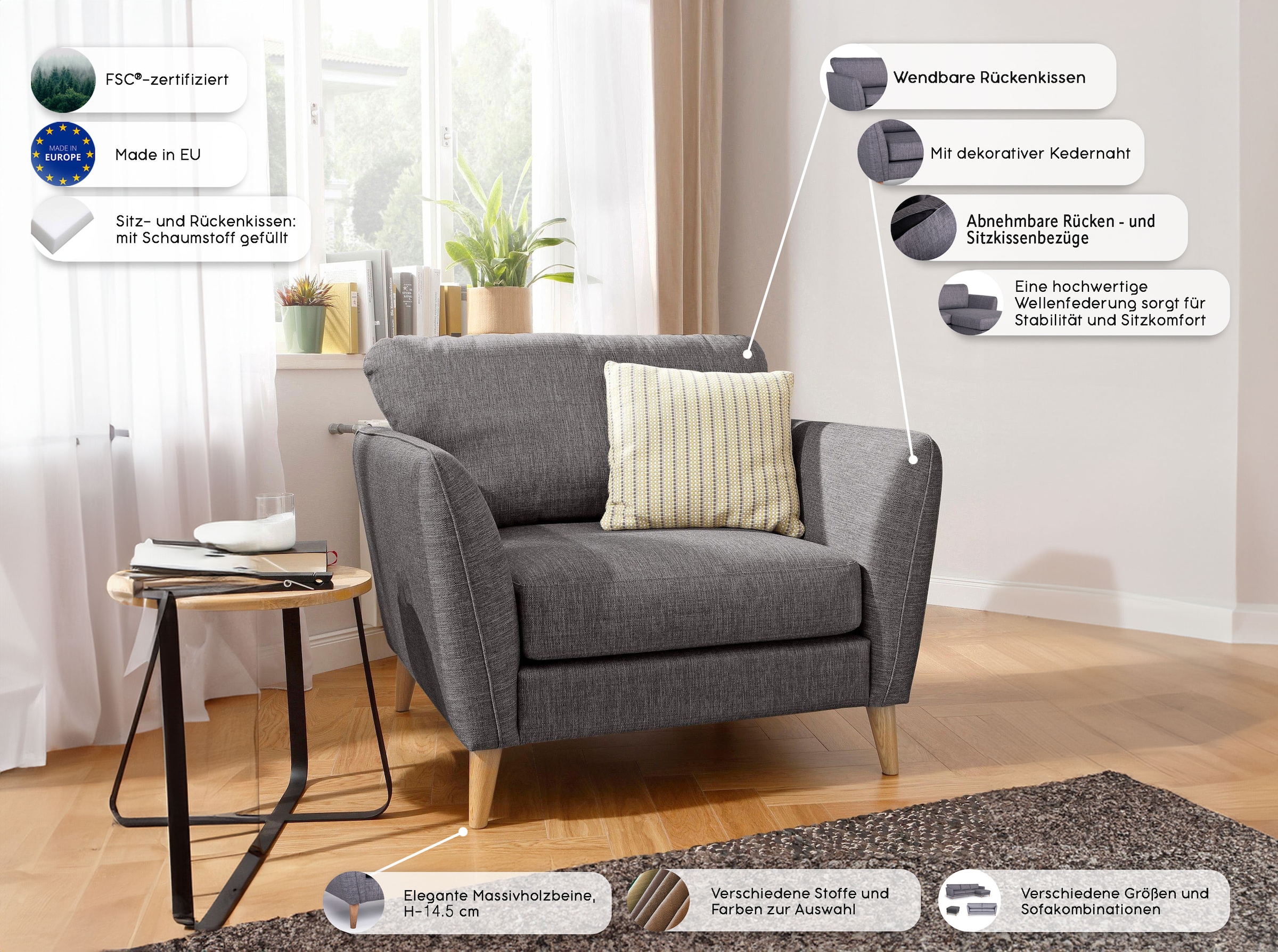 GOODproduct Sessel »MARSEILLE« Massivholzbeine Eiche, Landhausstil, Wellenunterfederung