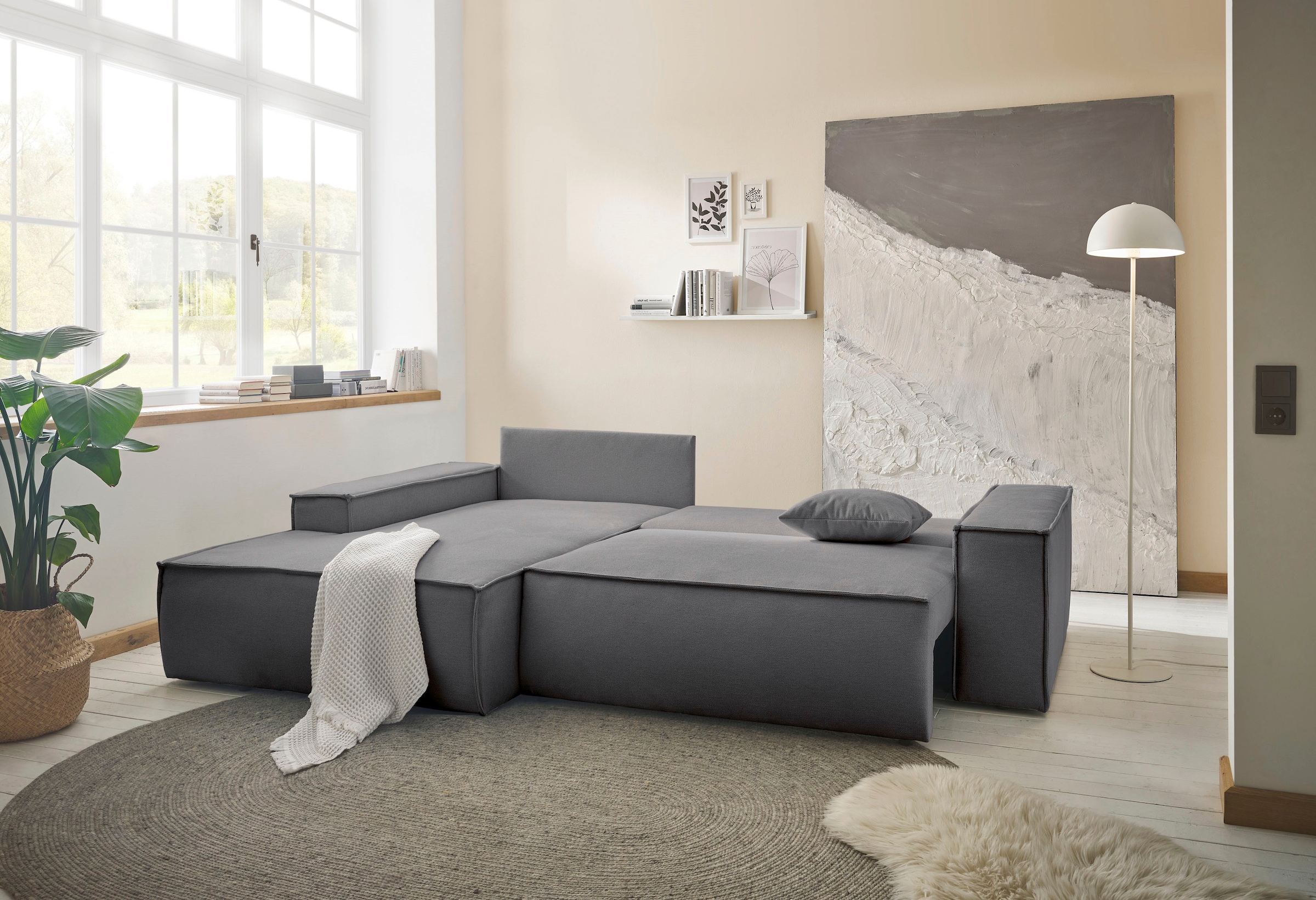 andas Ecksofa »Finnley Schlafsofa 267 cm in Bouclé, Struktur fein u. Cord, L-Form,«, Schlaffunktion m. Bettkasten (136/210 cm), Bouclé, Struktur und Cord