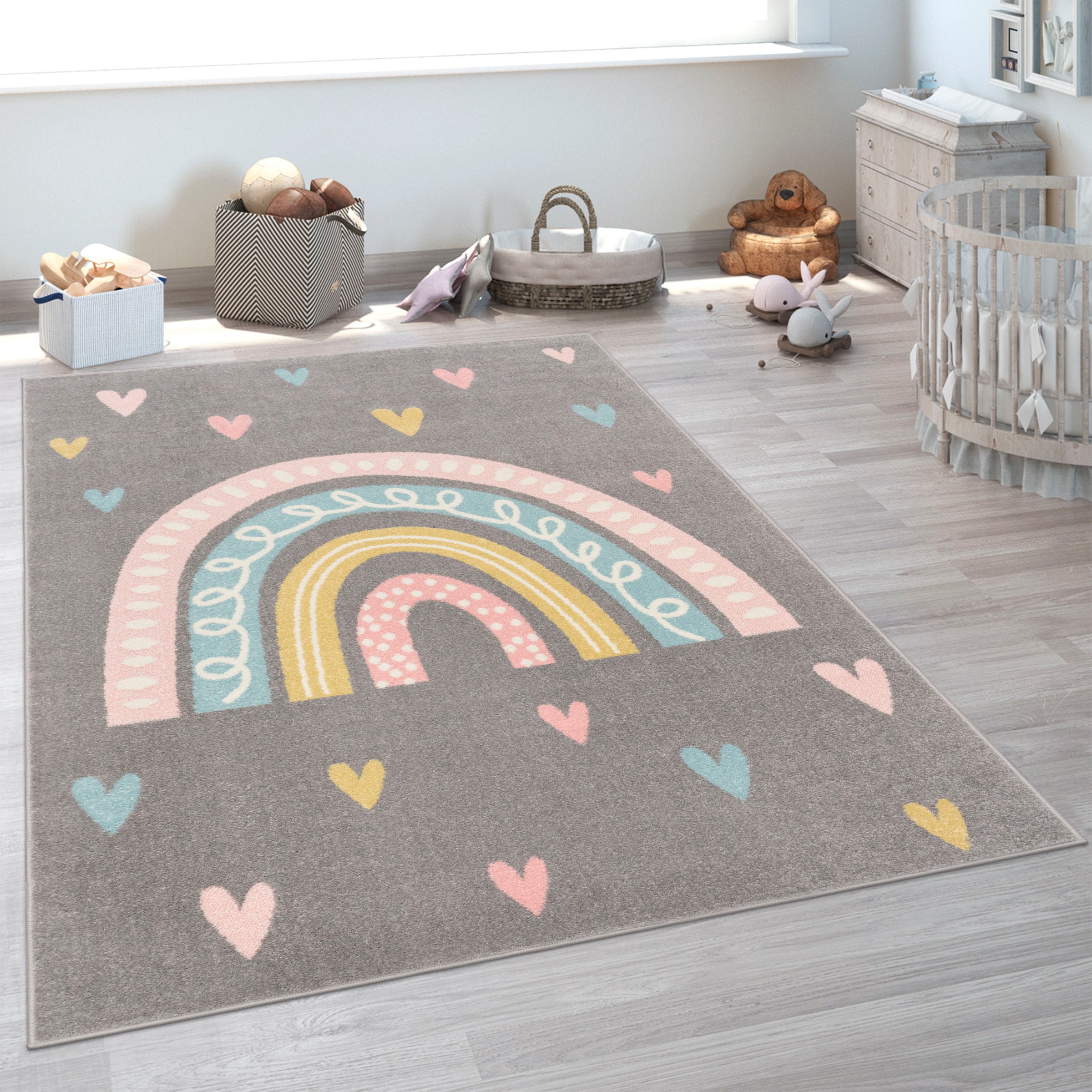 Image of Paco Home Kinderteppich "Nino 887" rechteckig 13 mm Höhe Kurzflor, Spielteppich, Motiv Regenbogen & Herzen, Kinderzimmer