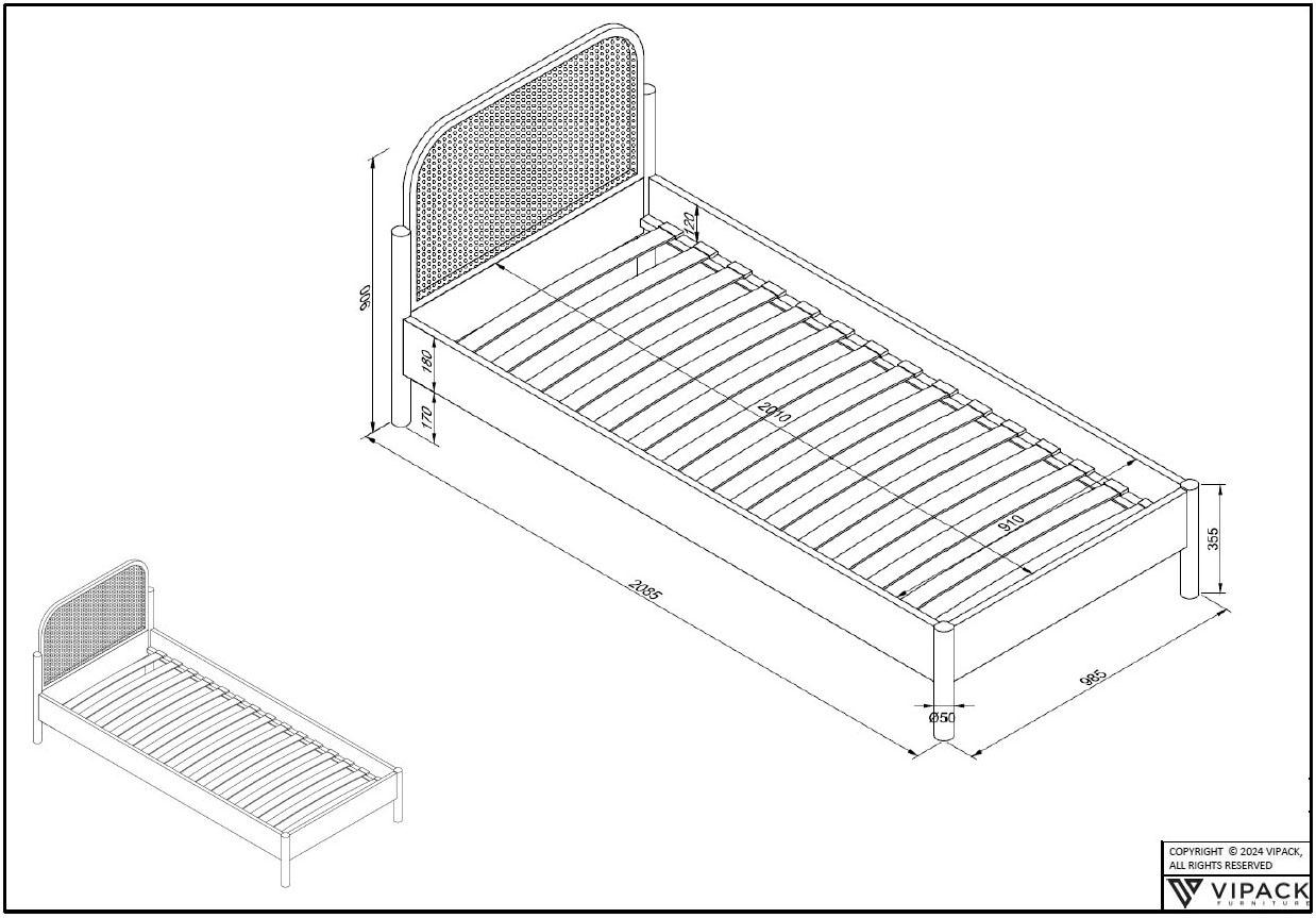 Vipack Einzelbett »mit massiven Bettpfosten und furnierten Bettseiten« 90/200 inkl. Lattenrost und trendigem Rattankopfteil