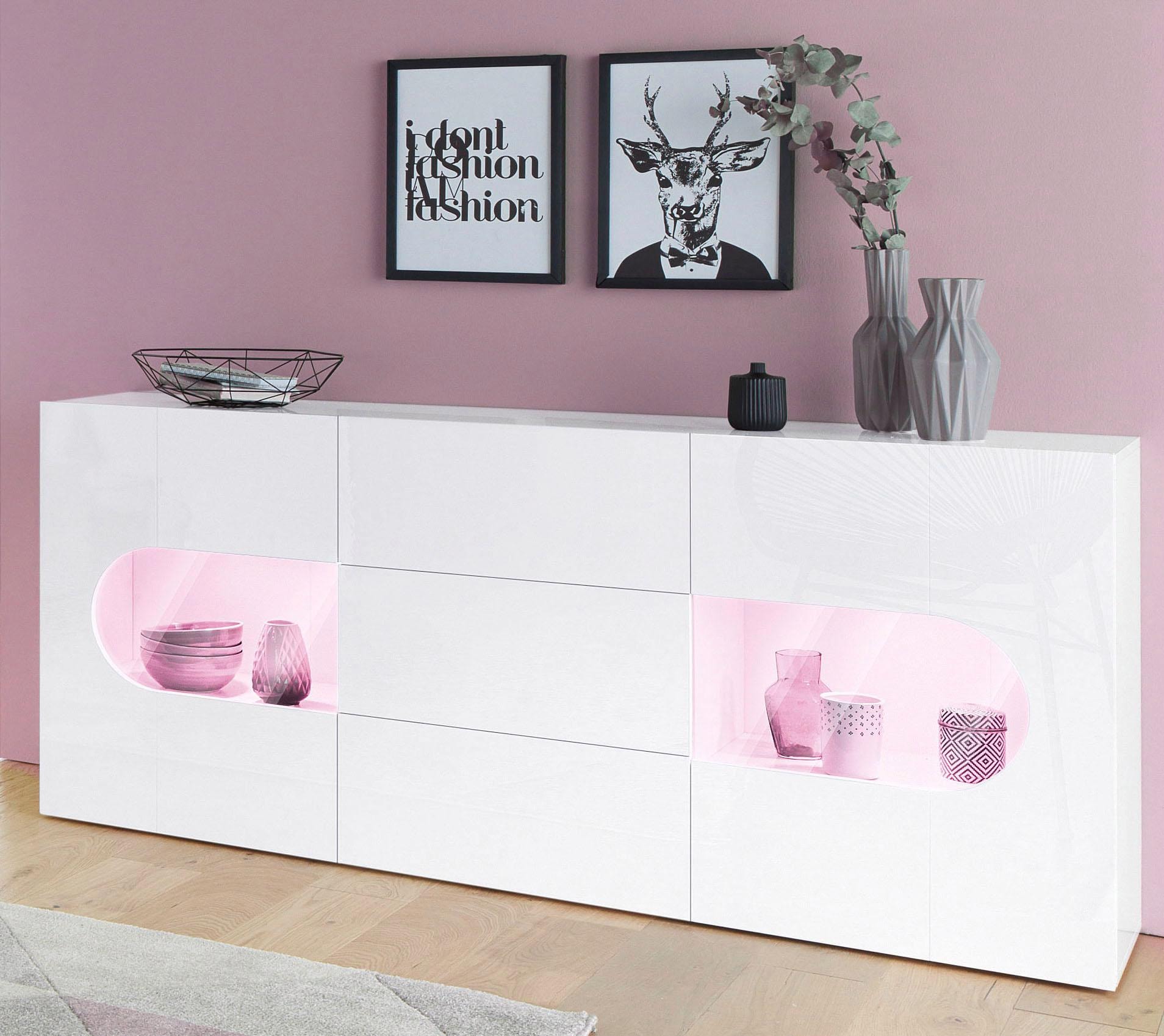 INOSIGN Sideboard »Real,Vitrine,Kommode,Schrank, komplett hochglanz lackiert«, mit 2 Glastüren und 3 Schubladen ohne Griff, Breite 180