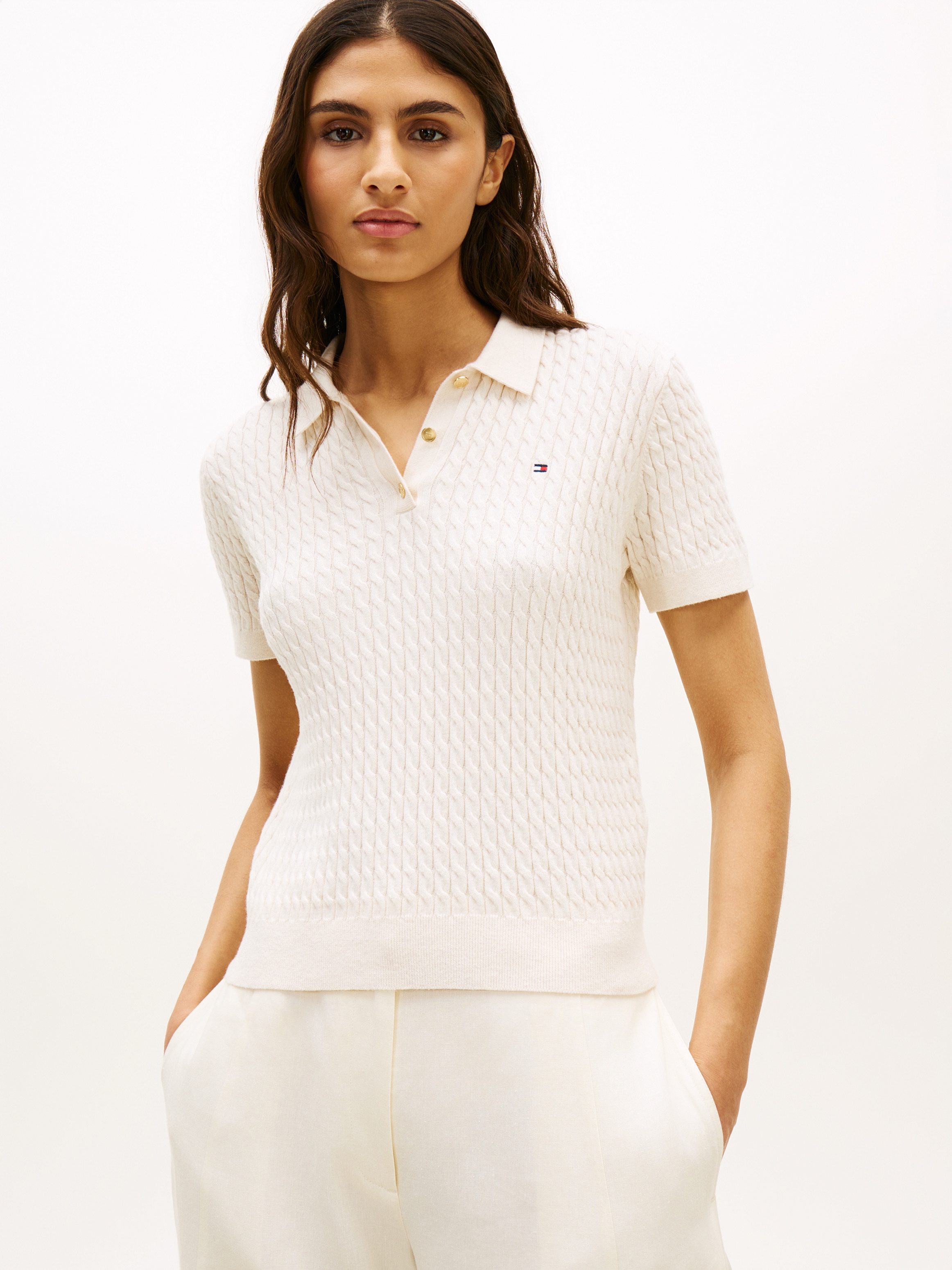 Image of Tommy Hilfiger Poloshirt "CO CABLE POLO-NK SS SWEATER" mit Zopfmuster, Regular Fit