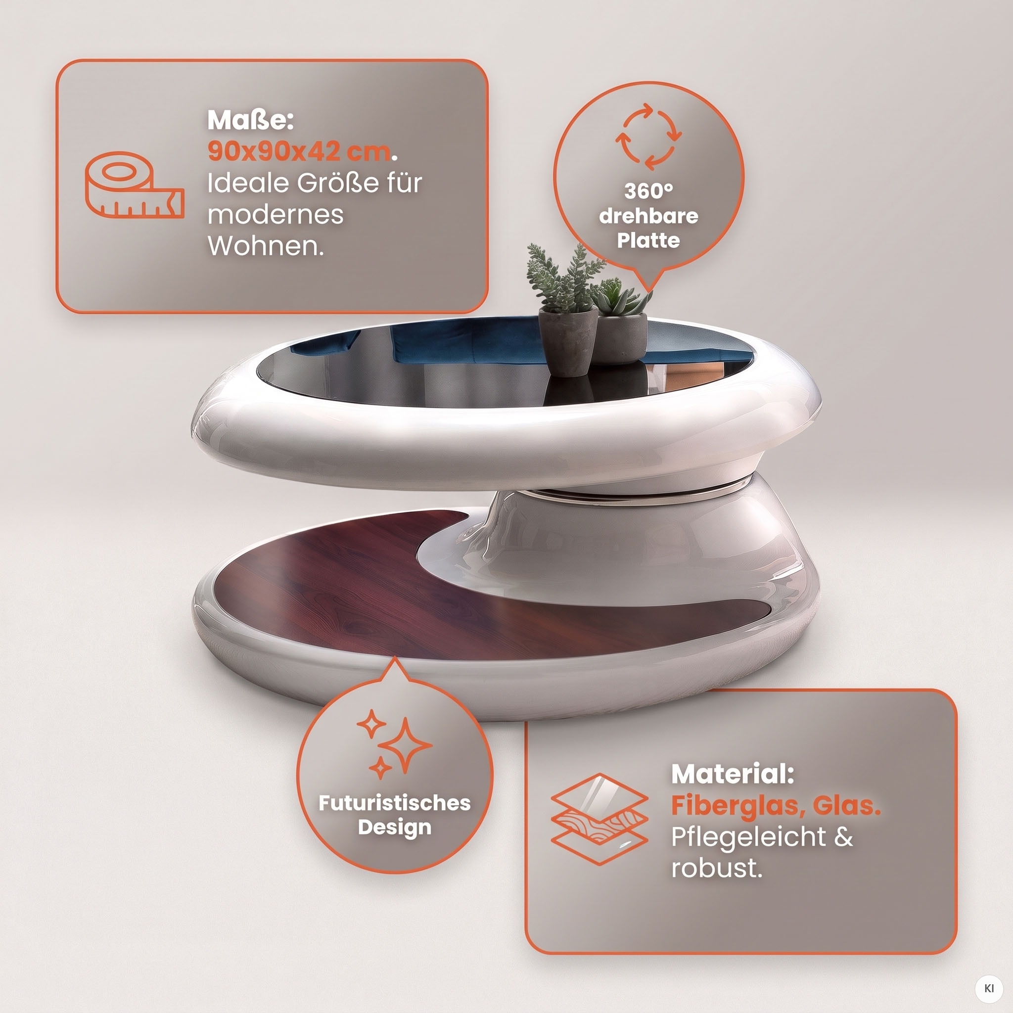 SalesFever Table basse »Milano Tisch Trendiges Wohnzimmer-Highlight« Plateau de table : pivotant à 360°