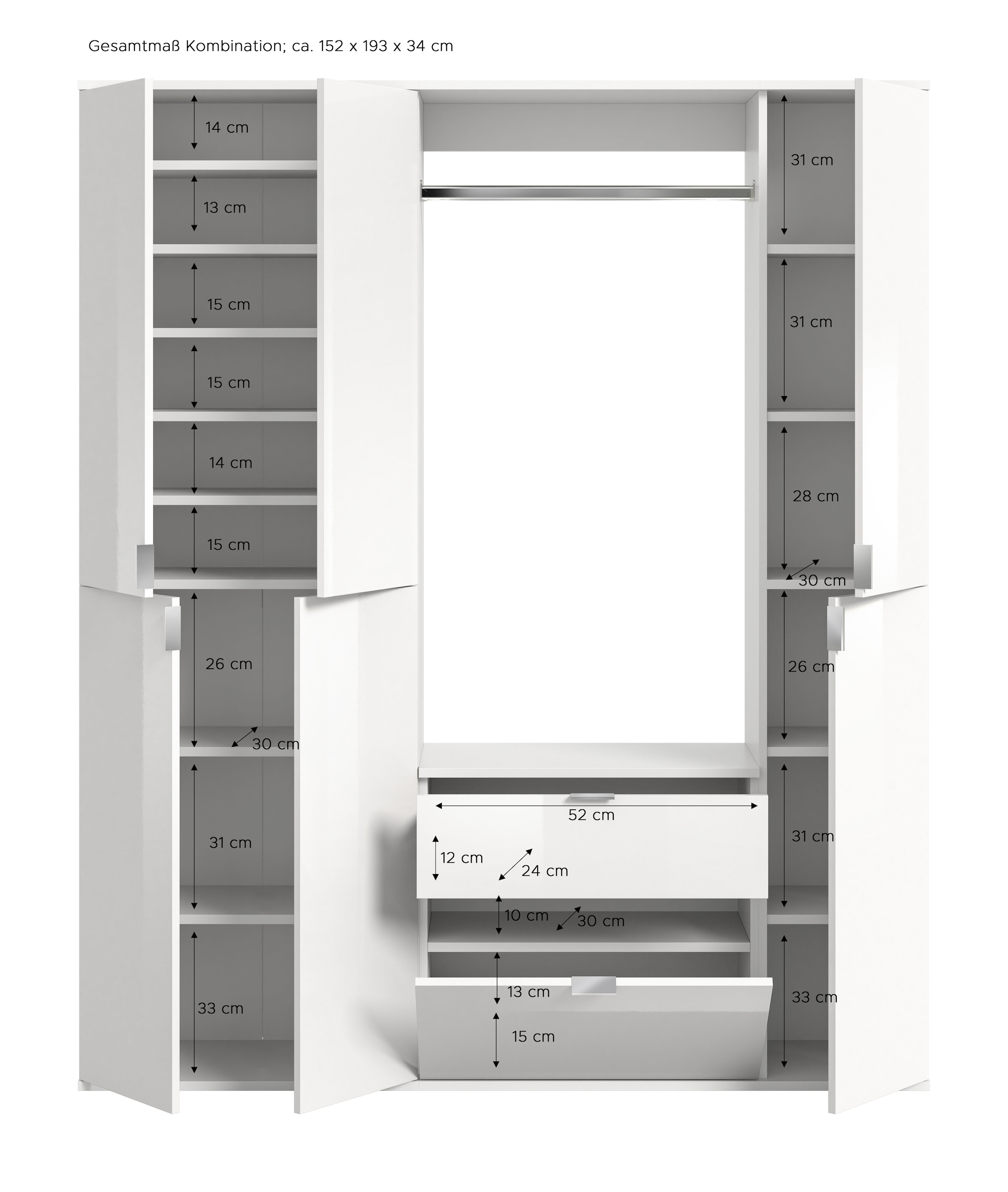 INOSIGN Garderoben-Set »Trondheim, Breite 152 cm, 5-teilig, bestehend aus:«, (Set, 4 St.), 2x Garderobenschrank, 1 Kommode, 1 Garderobenstange, 1 Ablageboden