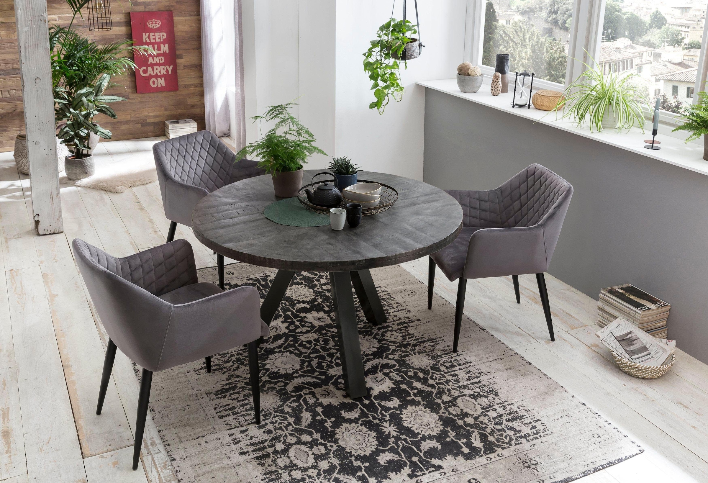 SIT Table de salle à manger »Hanoi rund aus Mangoholz 120 cm Massivholz Vintage Industrial« piètement tripode gris gunmetal avec plateau de table rustique