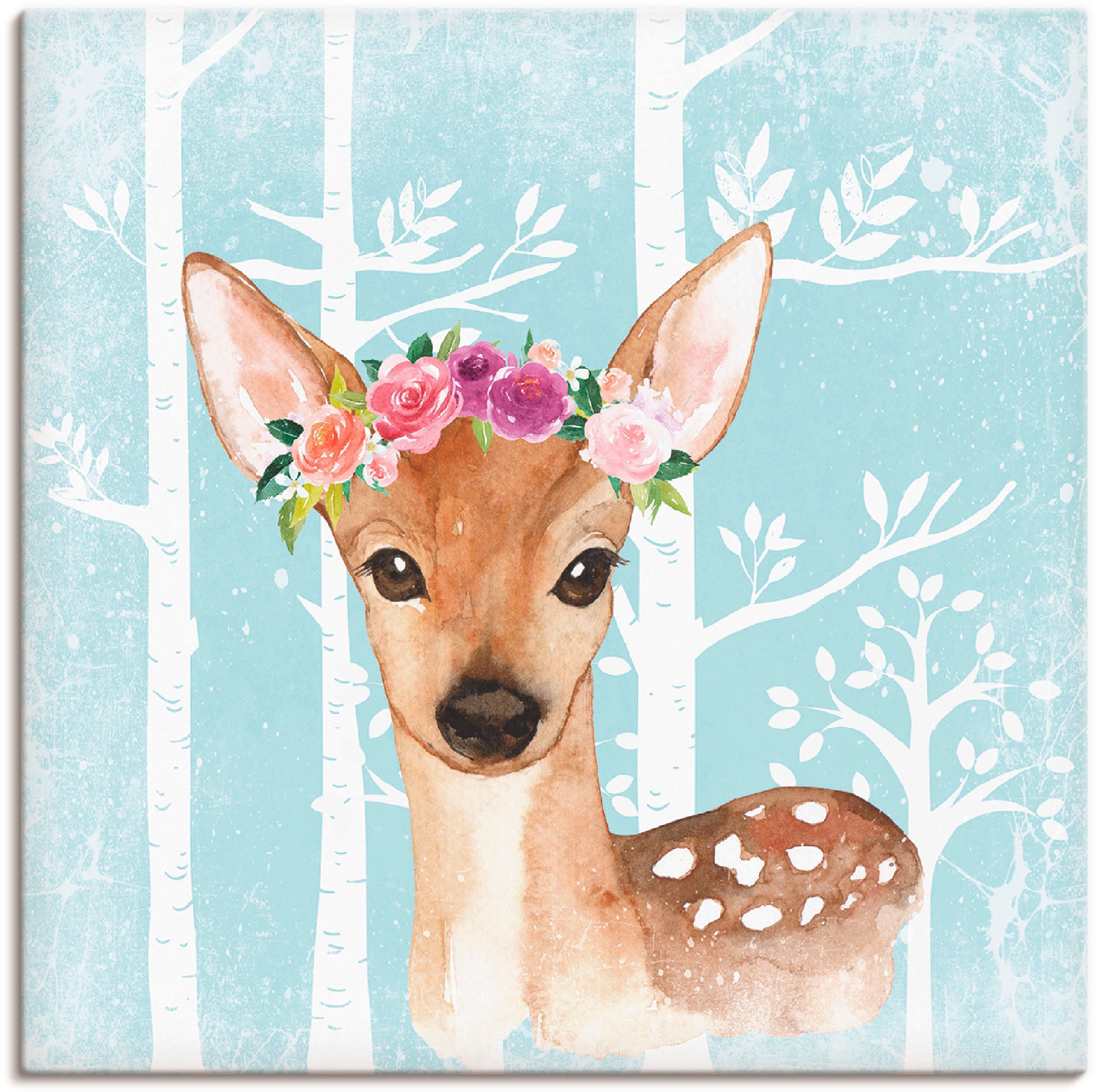 Image of Artland Leinwandbild "Wild Reh mit Blumen im blauen Wald" Tiere 1 Stk. tlg. auf Holzrahmen gespannt