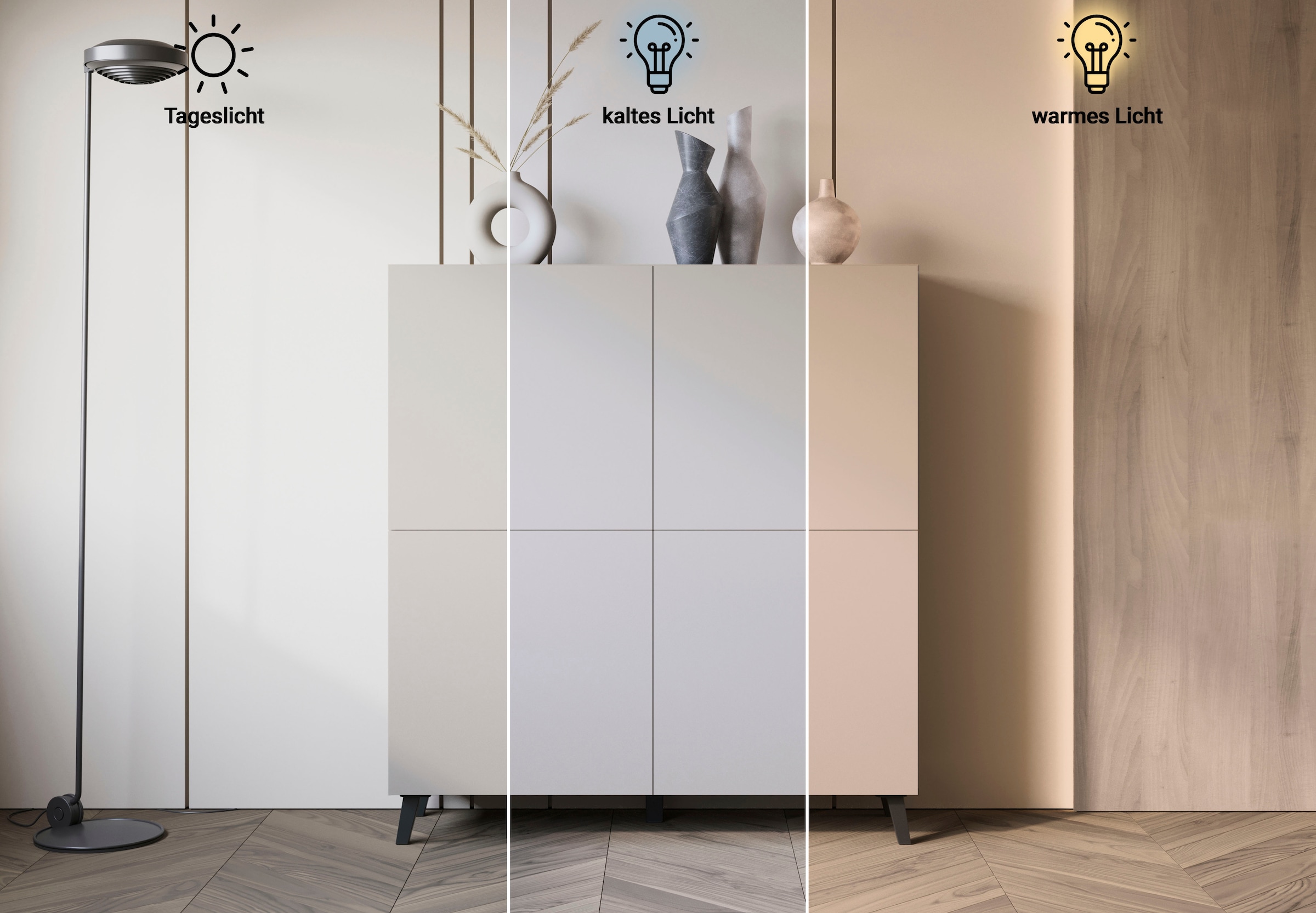 Home affaire Buffet haut »HIGHBOARD PHUKET II, Stilvolle, grifflose Hochkommode, Breite 120cm« Avec 4 portes et 8 compartiments avec étagères réglables en hauteur