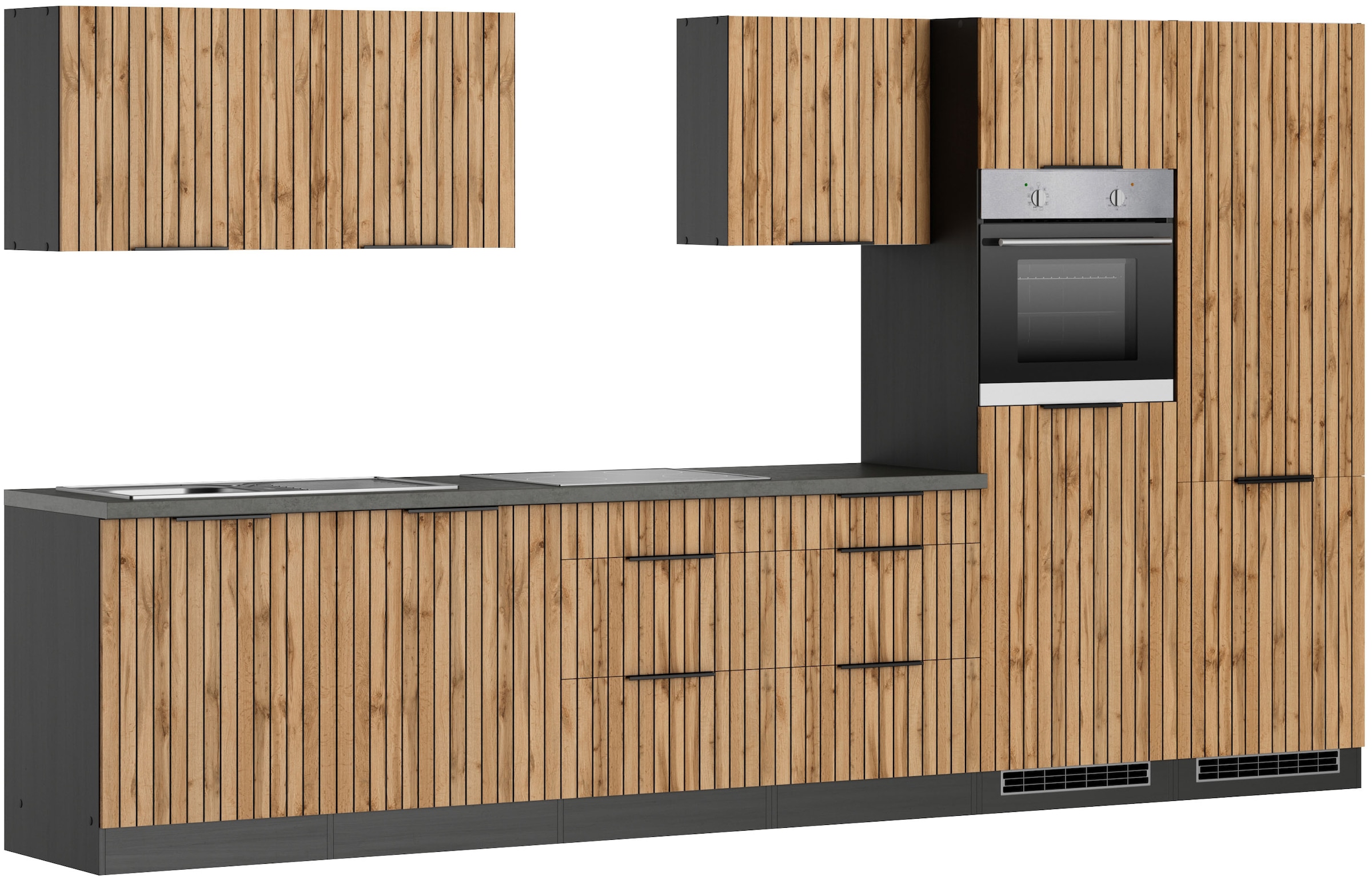 KOCHSTATION Kitchenette »KS-Lagos, Breite 360 cm, wahlweise mit E-Geräten« plaque de cuisson gaz ou induction, évier inox ou noir