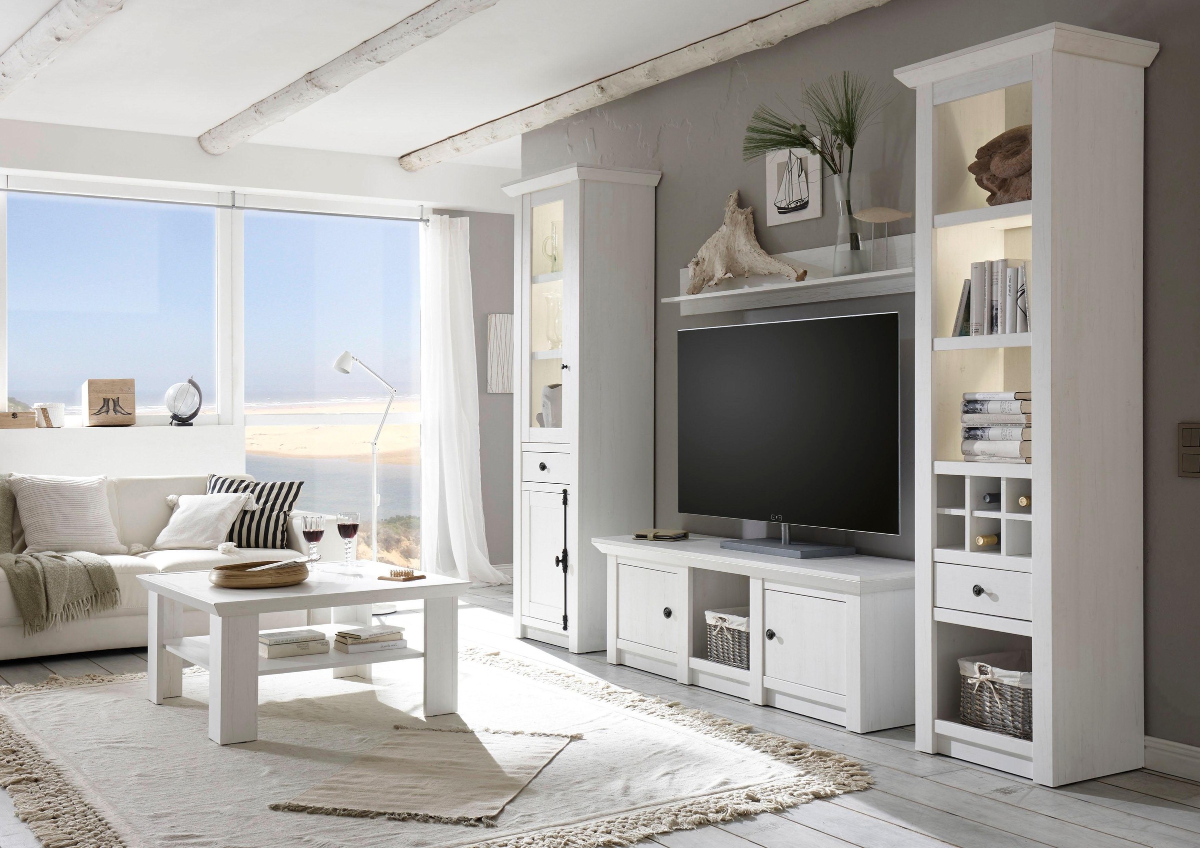 Image of Home affaire Wohnwand "California, Anbauwand im Landhausstil, Komplettset mit Metallgriffen" Besteht aus 1 Standregal, 1 Vitrine, 1 Lowboard, 1 Wandregal, 4 Stk. tlg.
