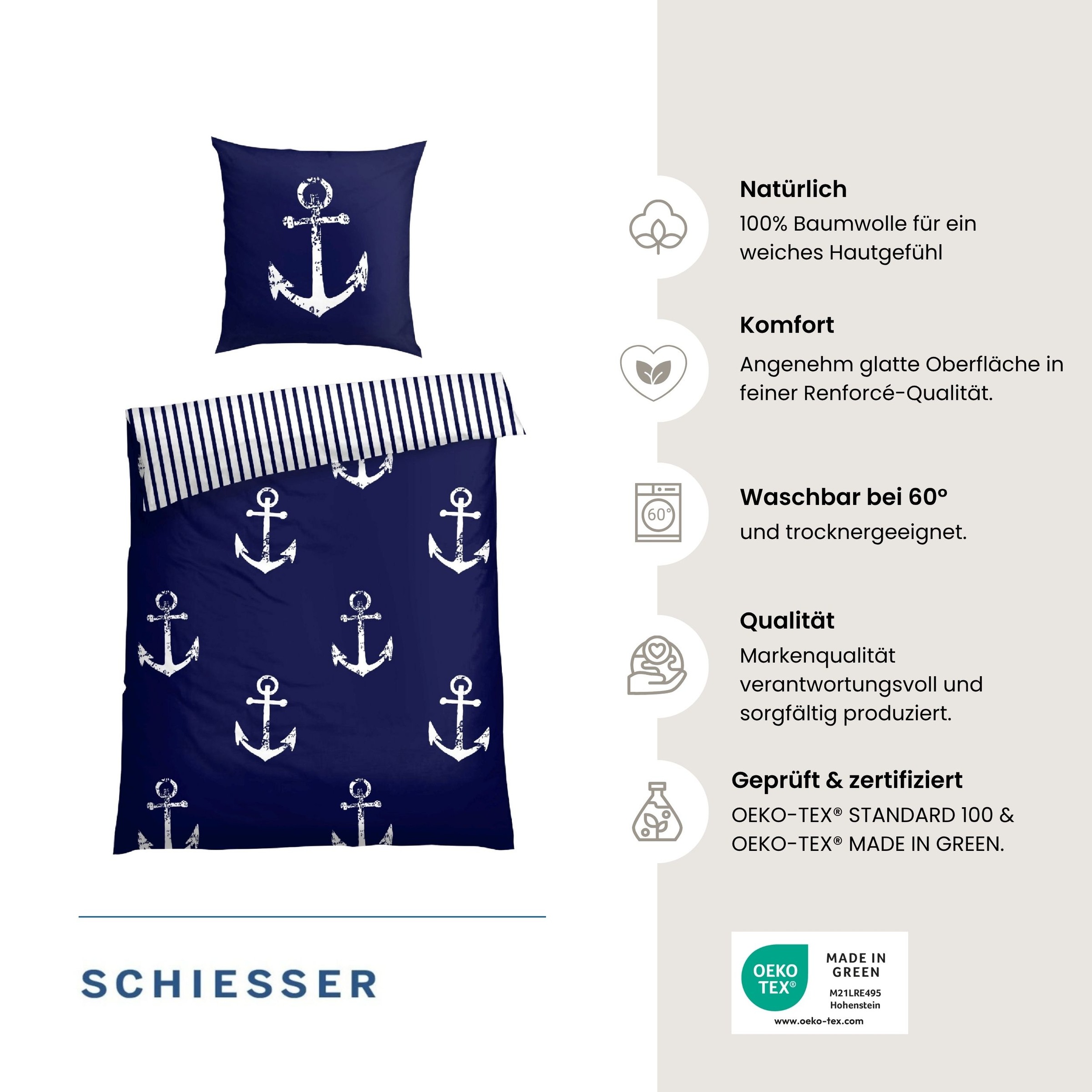 Schiesser Bettwäsche »Marina, maritime Momente in frischer Farbkombination« 2 Stk. OEKO-TEX® MADE IN GREEN