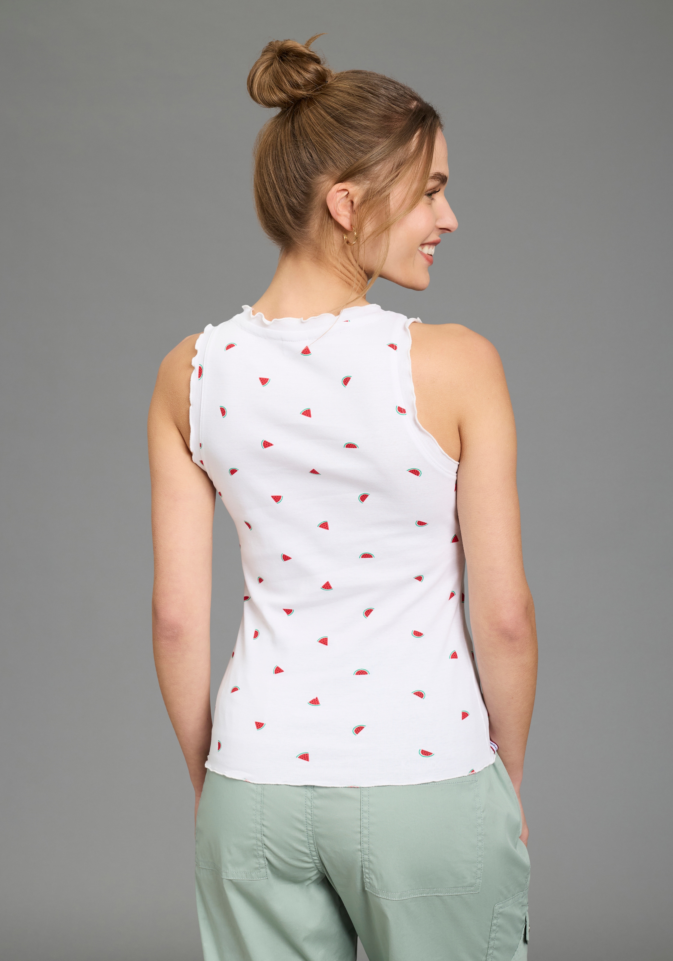 KangaROOS Shirttop mit Melonendruck, V-Ausschnitt und Knopfleiste, ärmellos, figurbetont