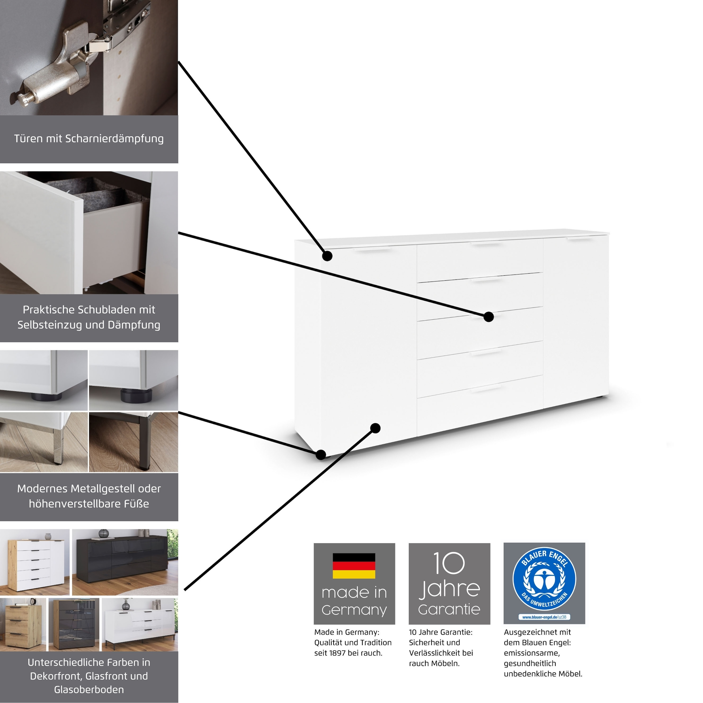 rauch Schubkastenkommode »Kommode Türkommode Sideboard Kombikommode FLIPP mit Glasfront« Breite 120 cm mit 2 Einlegeböden,  1-türig, 5 Schubladen, Soft-Close-Funktion, Oberboden und Front Glas