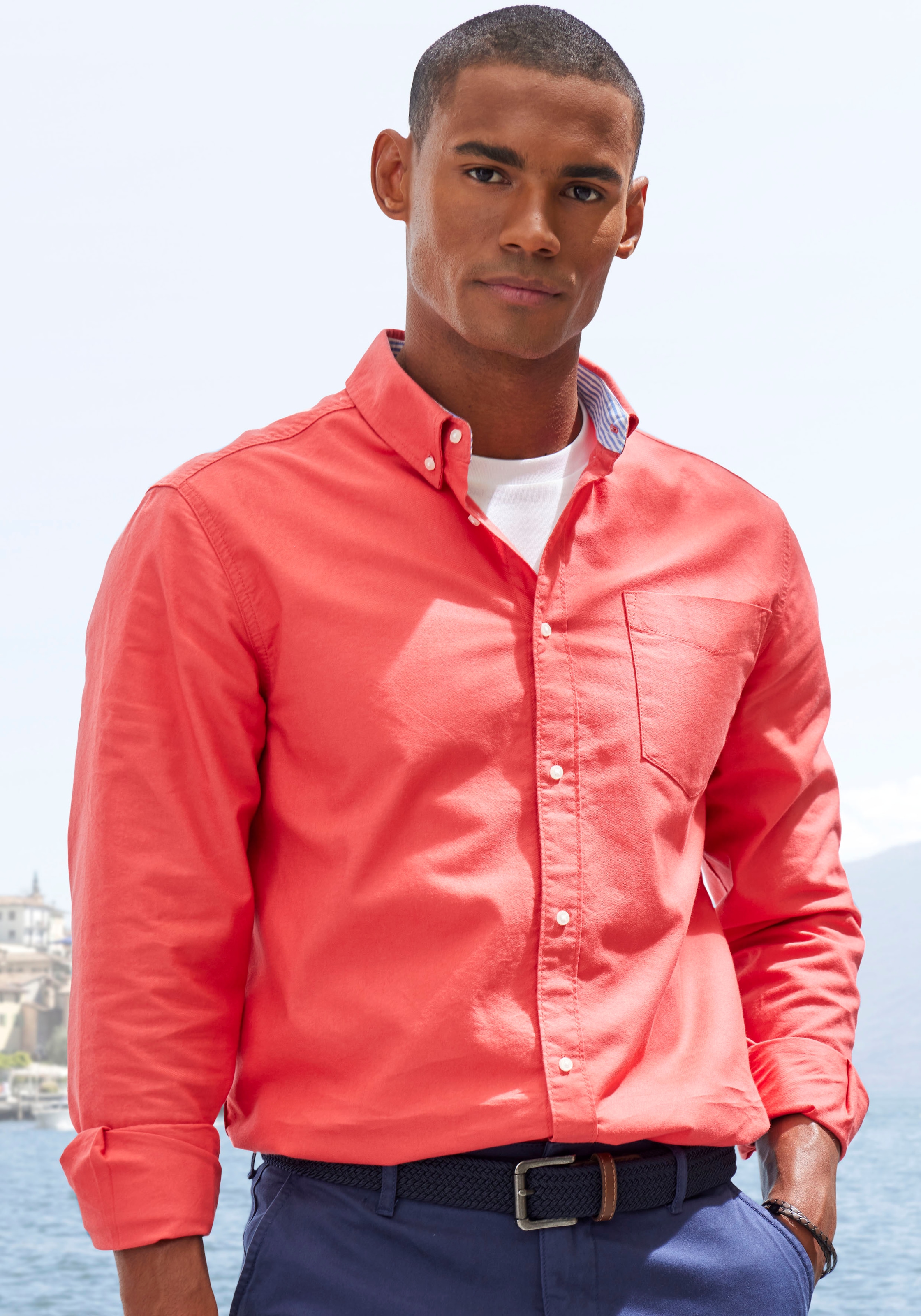 Image of H.I.S Langarmhemd "aus reiner Baumwolle, Regular-fit" Button-down-Kragen mit gestreiftem Innenkragen