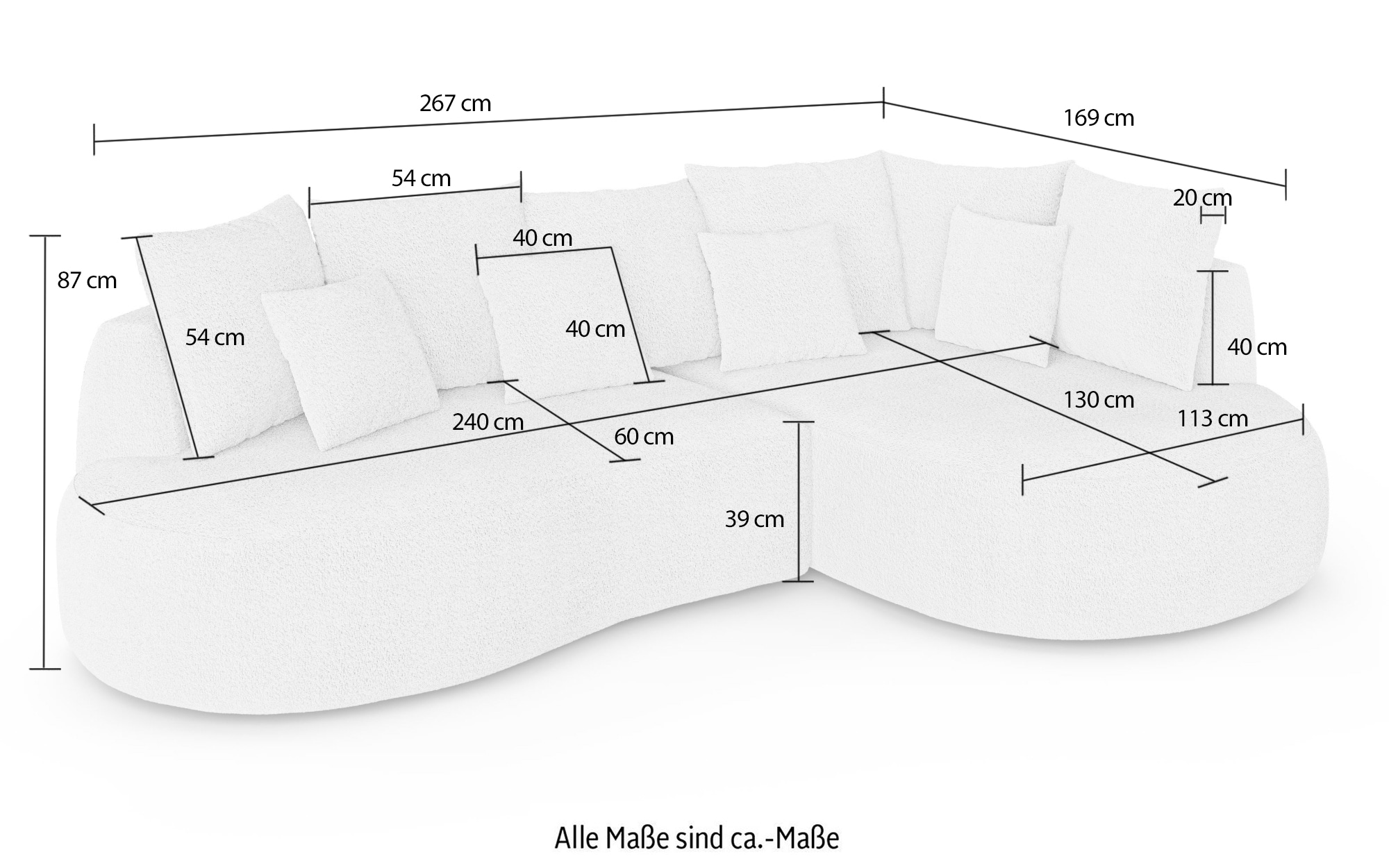 homsy by Ana Johnson Canapé d'angle »PEBBLA L-Form mit vielen Kissen, modernes Design, Bezug- Boucle« Largeur 267 cm, canapé design avec ottomane commandable à droite/gauche