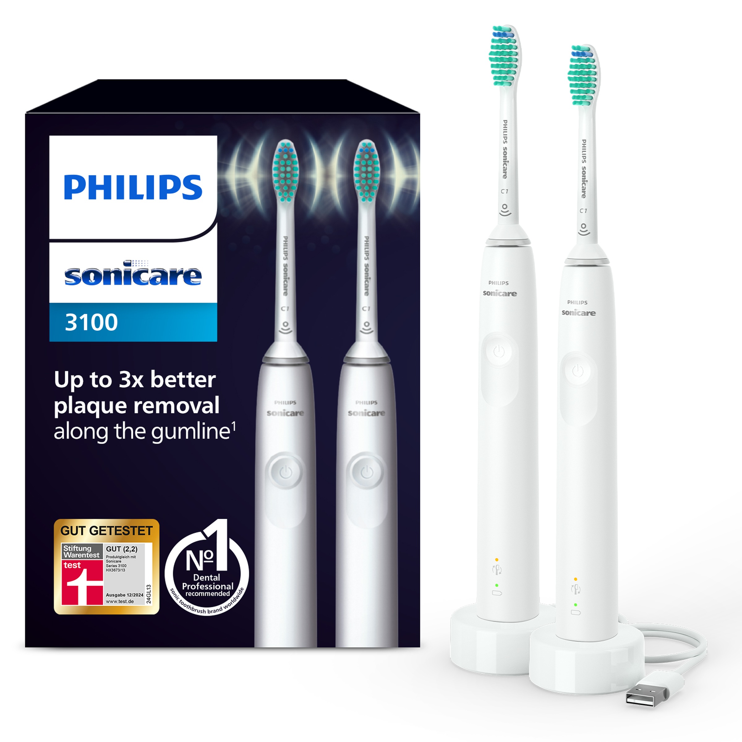 Image of Philips Sonicare Elektrische Zahnbürste "Series 3100 HX3675/13" 2 Stk. Aufsteckbürsten Doppelpack, mit 4-Quadranten-Timer und 2-Minuten-Timer