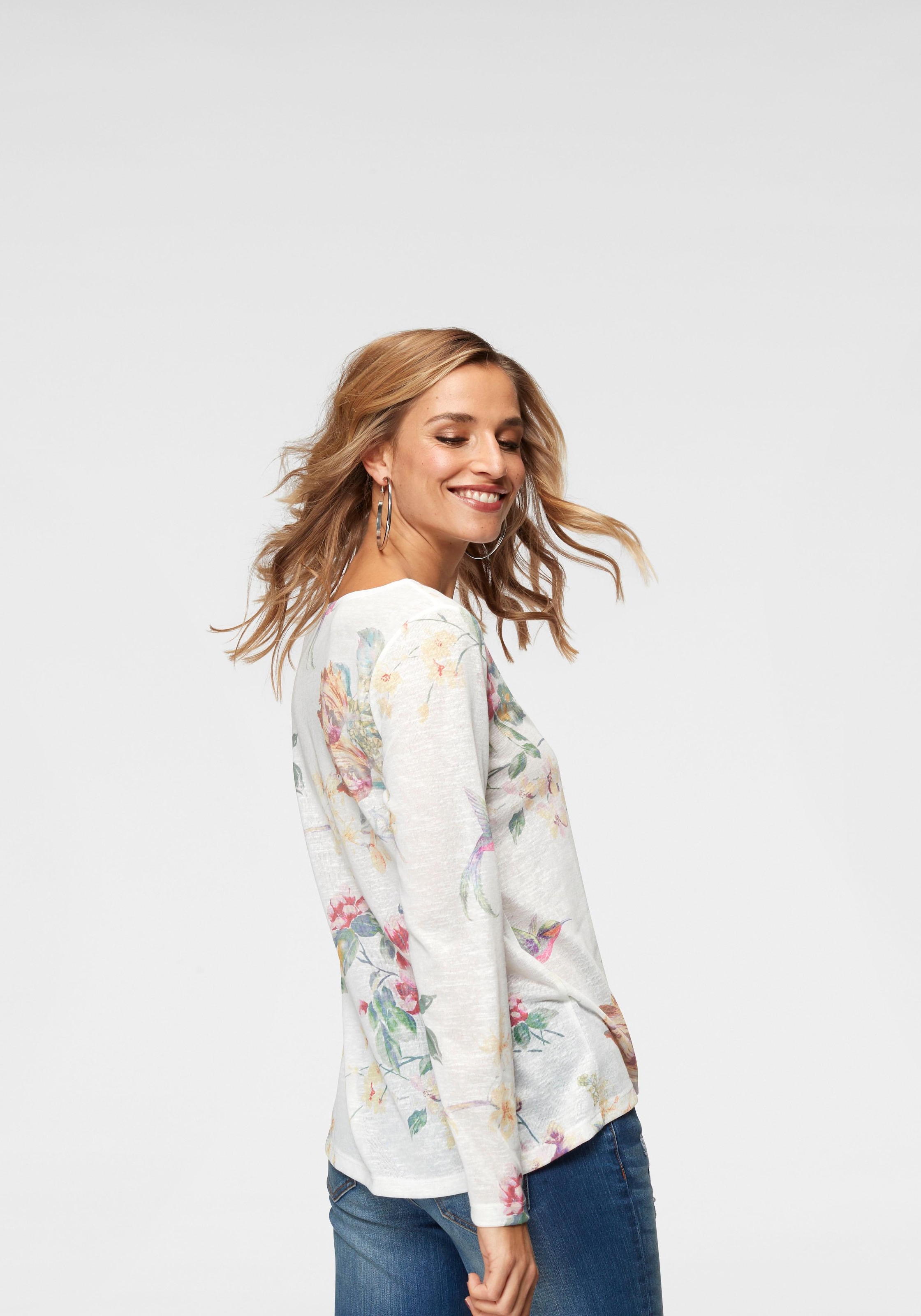 Aniston CASUAL Langarmshirt, mit grossflächigem Blumendruck und Vögeln