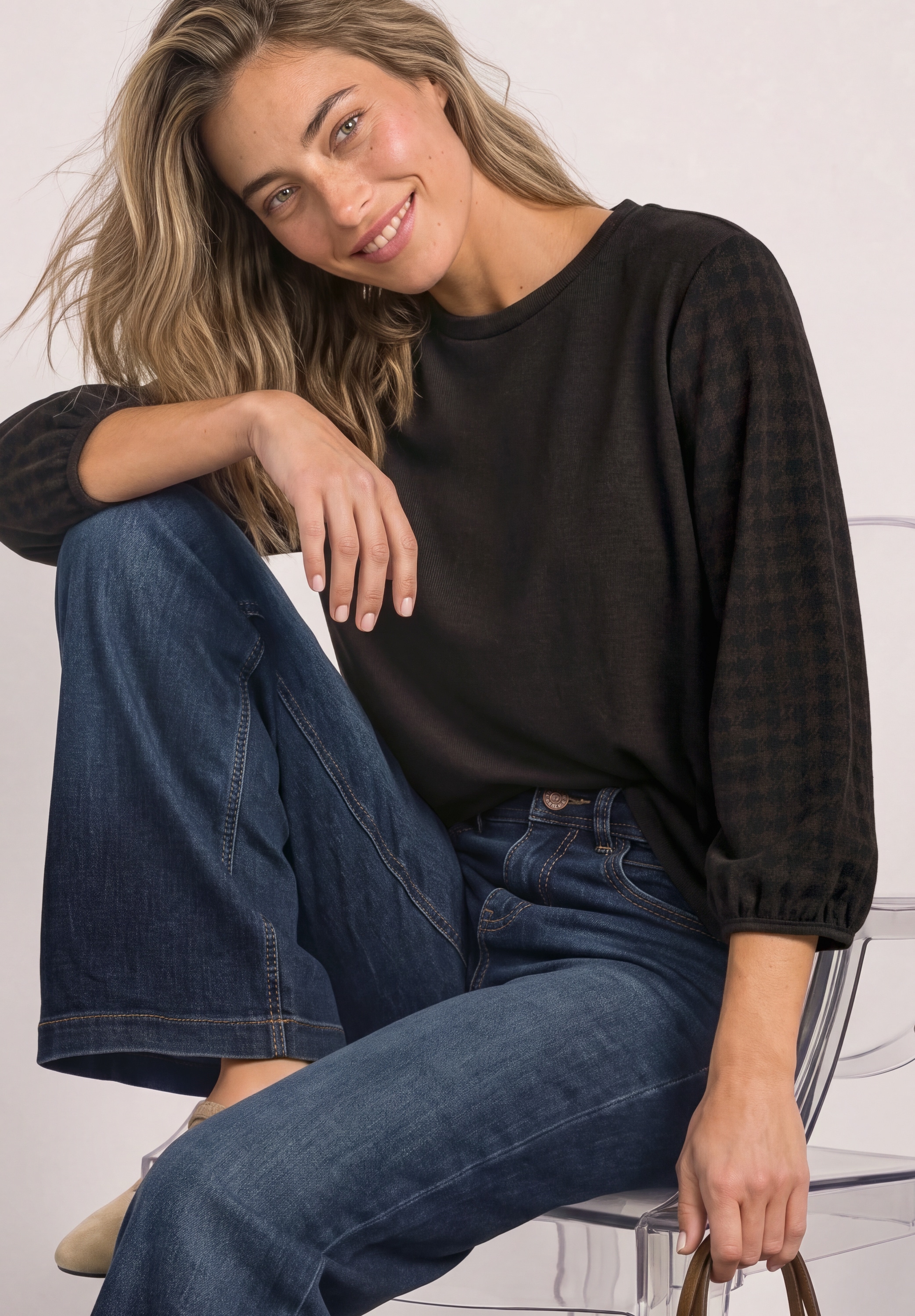 Image of STREET ONE 3/4-Arm-Shirt mit Rundhals und Strukturärmeln