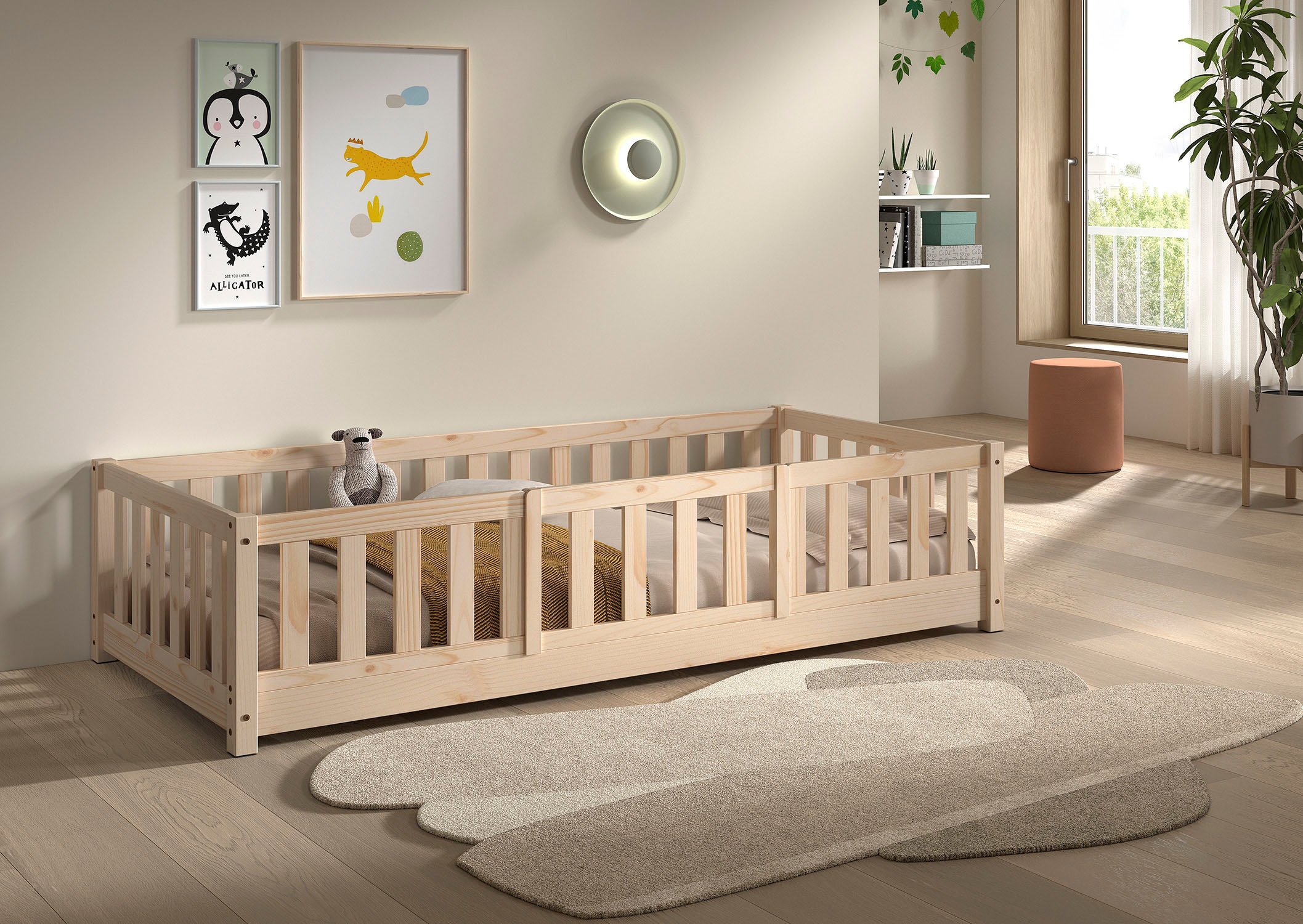 Vipack Kinderbett »Dallas, massiv Bett, Rausfallschutz, umbaubar vom Boden- zum Daybett« inkl. Rolllattenrost und Sprossenumrandung, 90 oder 140x200 cm breit,  stabil und standfest gebaut, wahlweise Kiefer massiv natur oder weiss