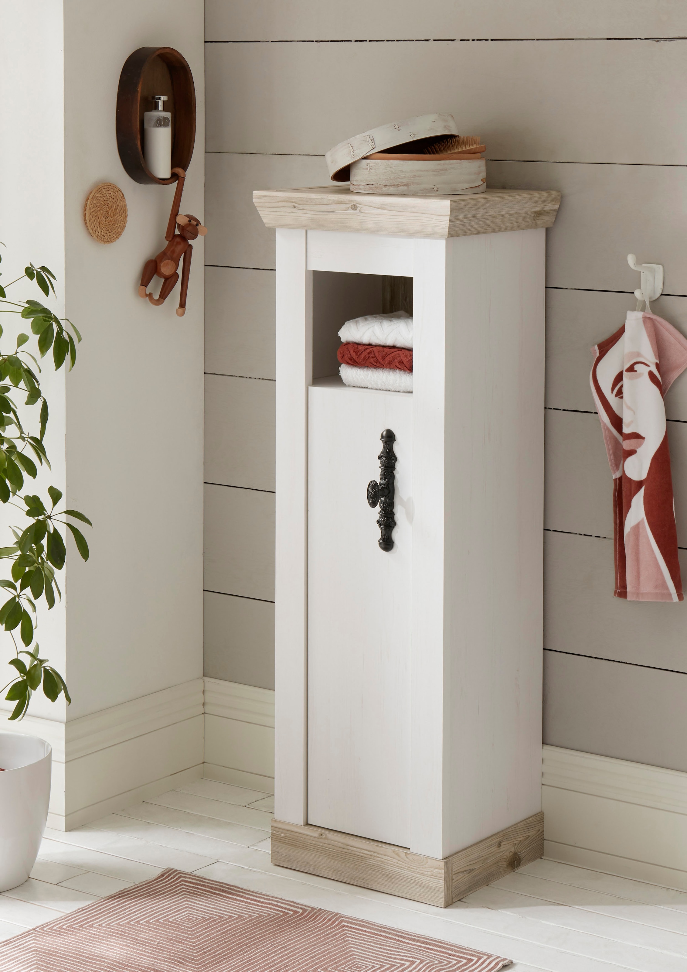 Home affaire Midischrank »Florenz, Badschrank im Landhausstil, Schrank mit Metallgriffen«, in Pinie Weiss, offenes Fach und Stauraum hinter Drehtür
