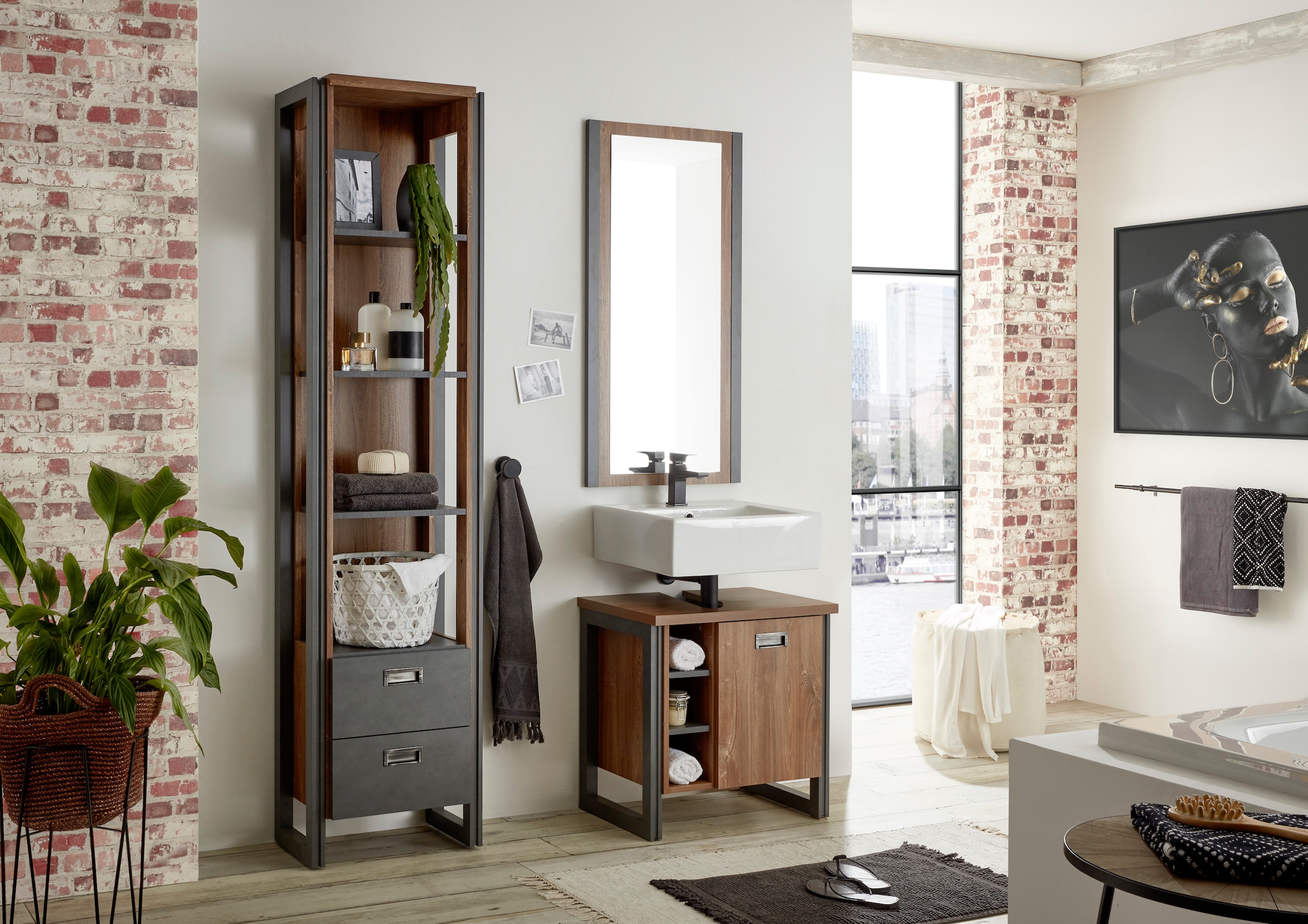 Home affaire Badmöbel-Set »Detroit, Bad im Industrialdesign, 3-teiliges Badezimmer«, (Set, 3 St.), Unterschrank, Regal & Spiegel, holzfarben, offene Fächer & Stauraum