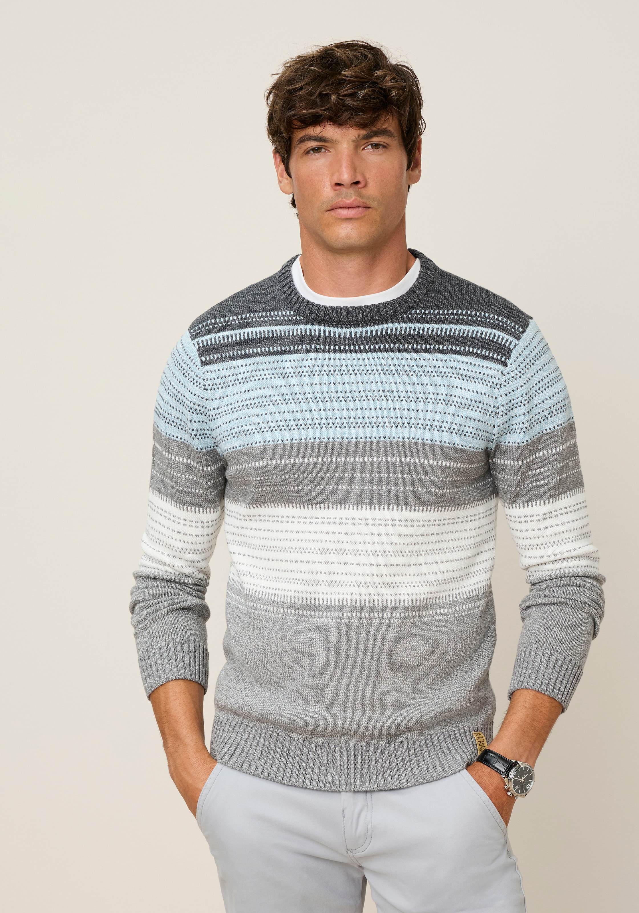 Image of Mans World Streifenpullover "Neue Kollektion Jaquardmuster & melierter Optik" Langarm, aus Baumwolle
