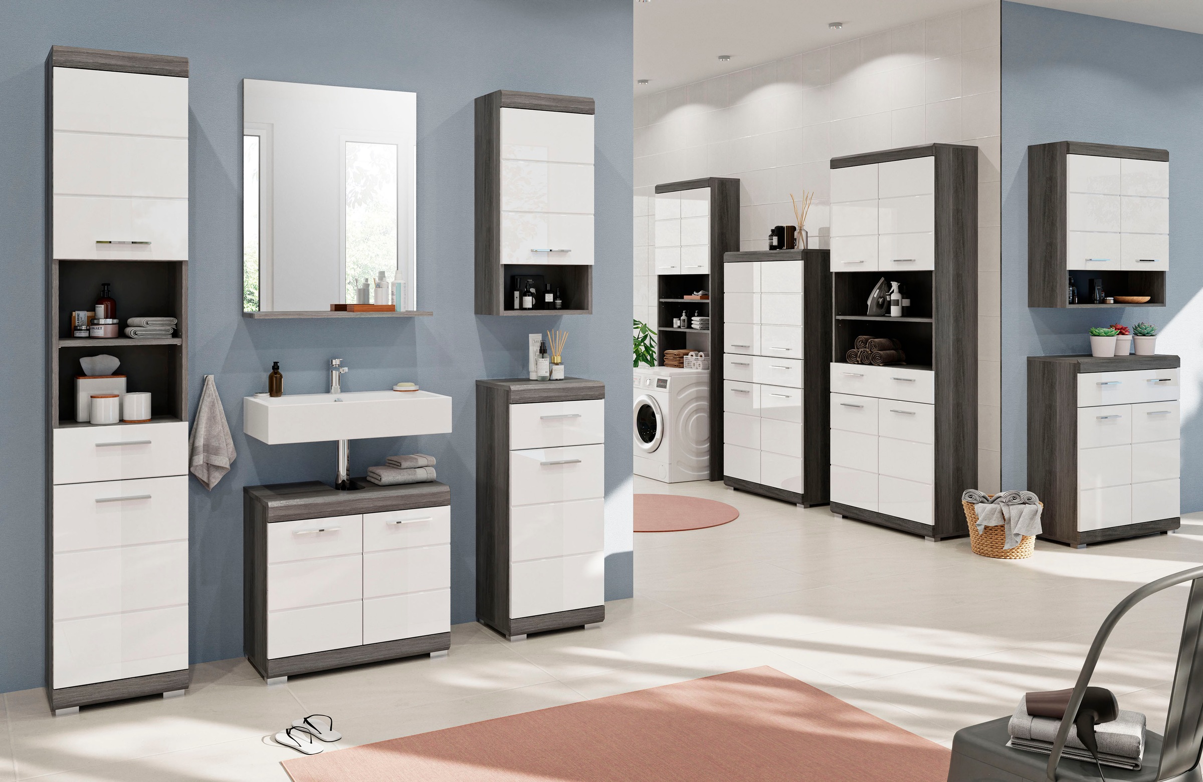 INOSIGN Badmöbel-Set »Siena, 5 teilig, bestehend aus:«, (Set, 5 St.), Hochschrank, WBU, Spiegel, Unterschrank, Hängeschrank